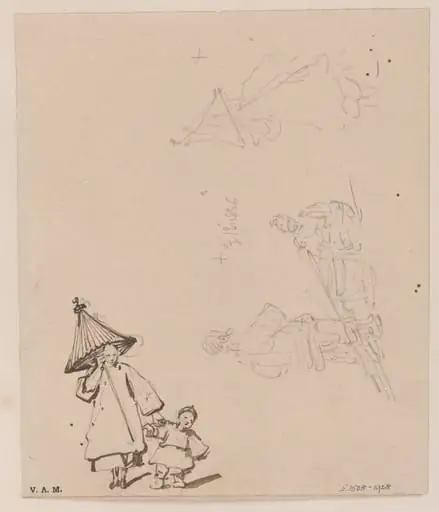 A boatwoman with child and parasol, and a porter