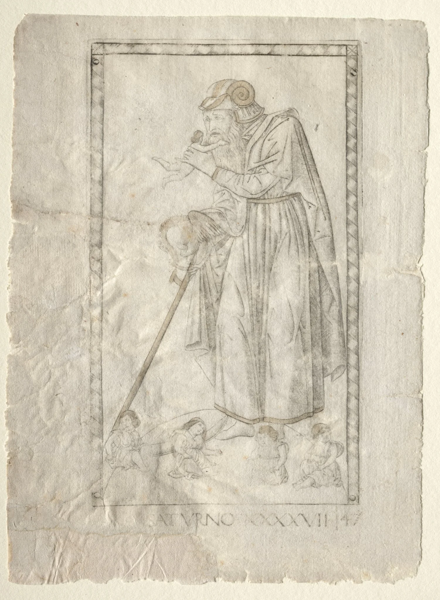 Saturn (from the Tarocchi, series A:  Firmaments of the Universe, #47), by Master of the E-Series Tarocchi, 1467