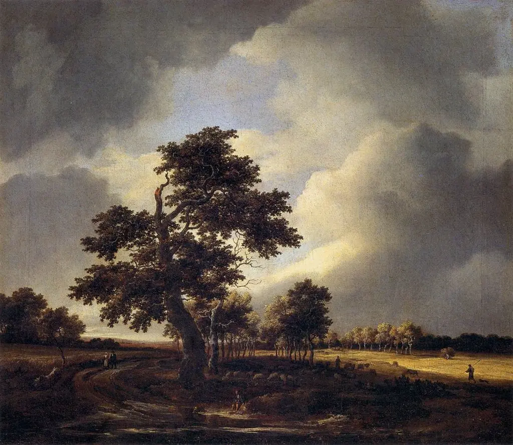 Country Road with Cornfields and Oak Tree