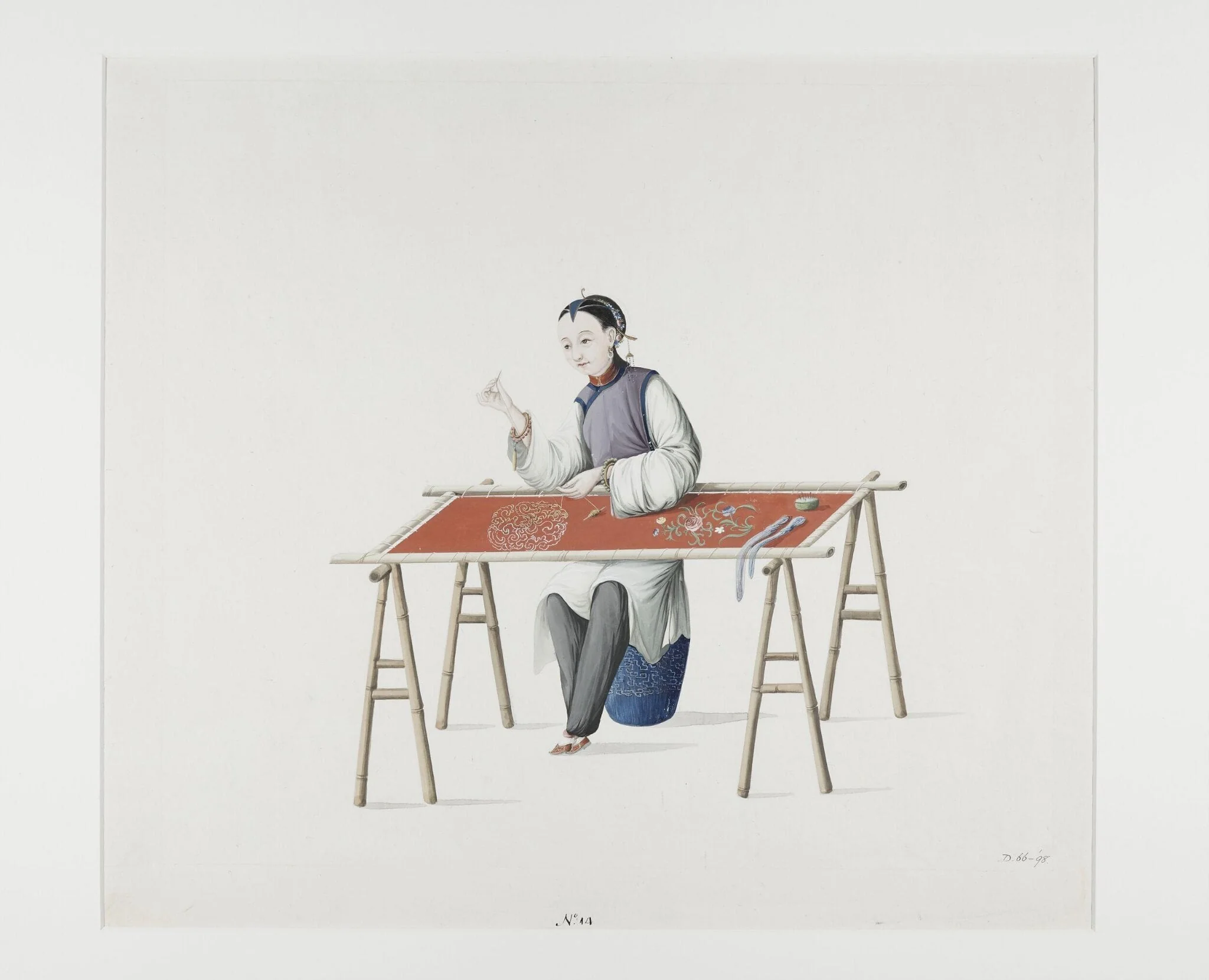 Woman Embroidering, by Puqua, paint, 1790
