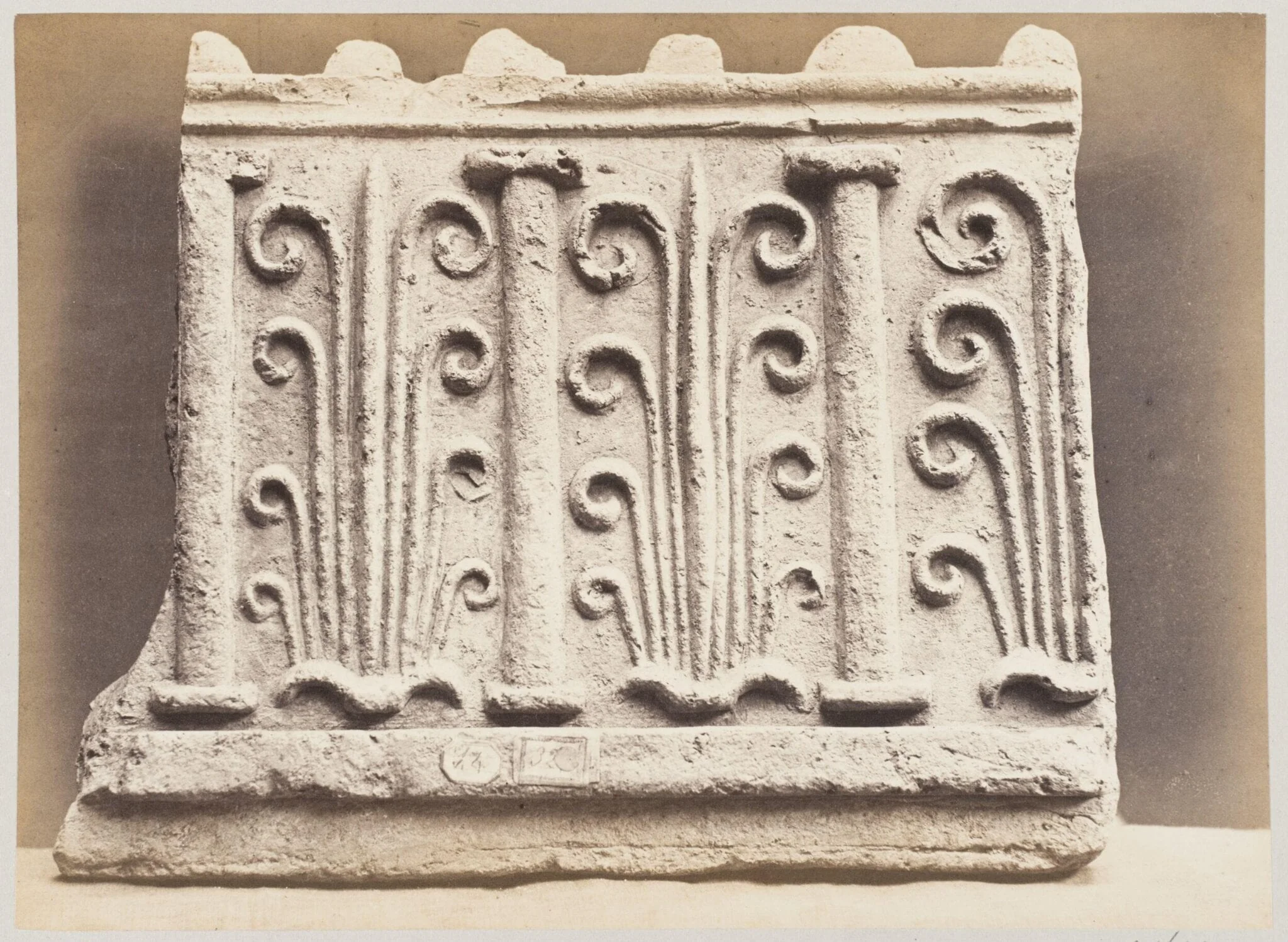 Bas-relief portion of frieze with palmettes and columns in terra cotta, by Louise Laffon, photographic, 1864