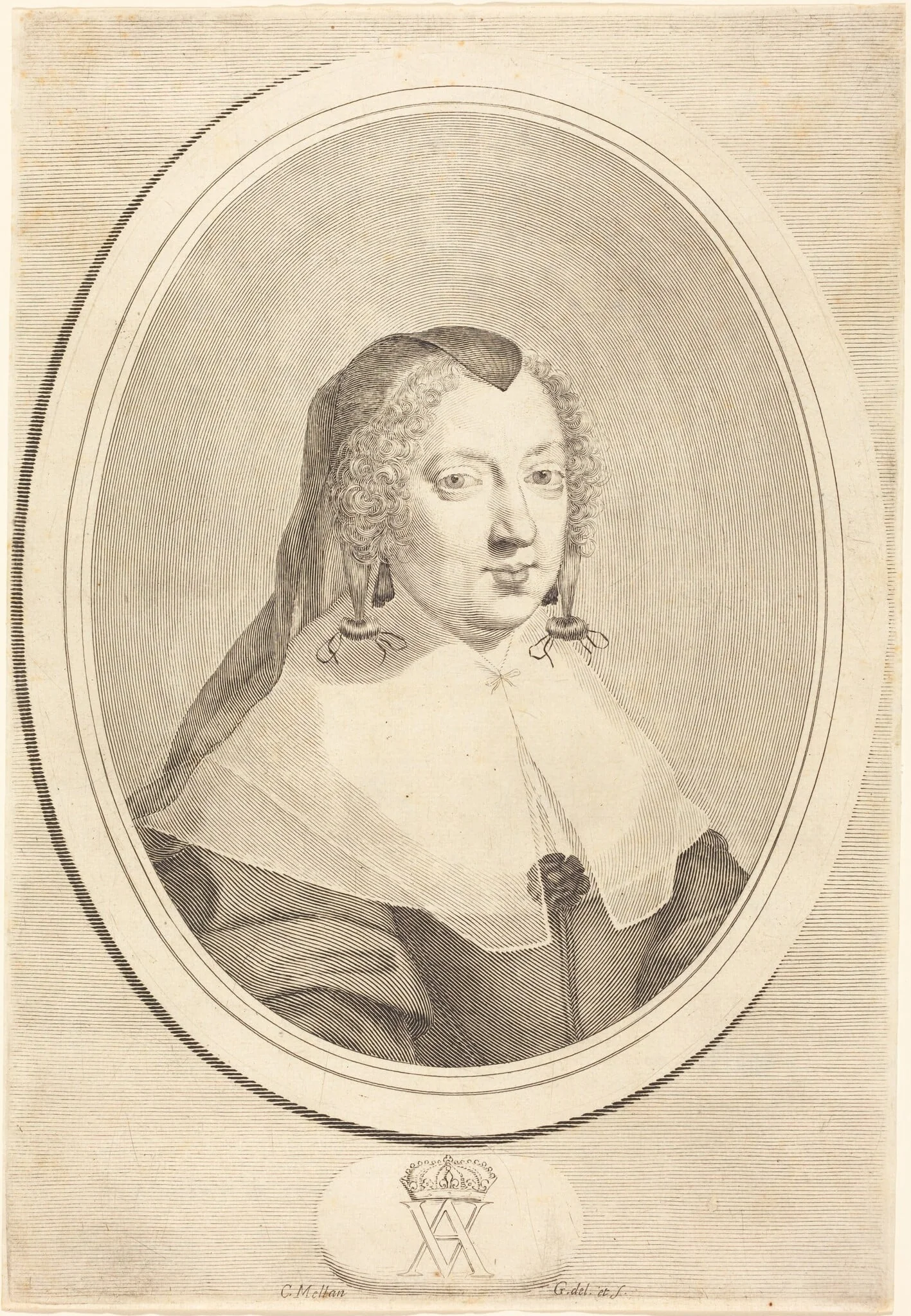 Anne of Austria, by Claude Mellan, ink, 1643
