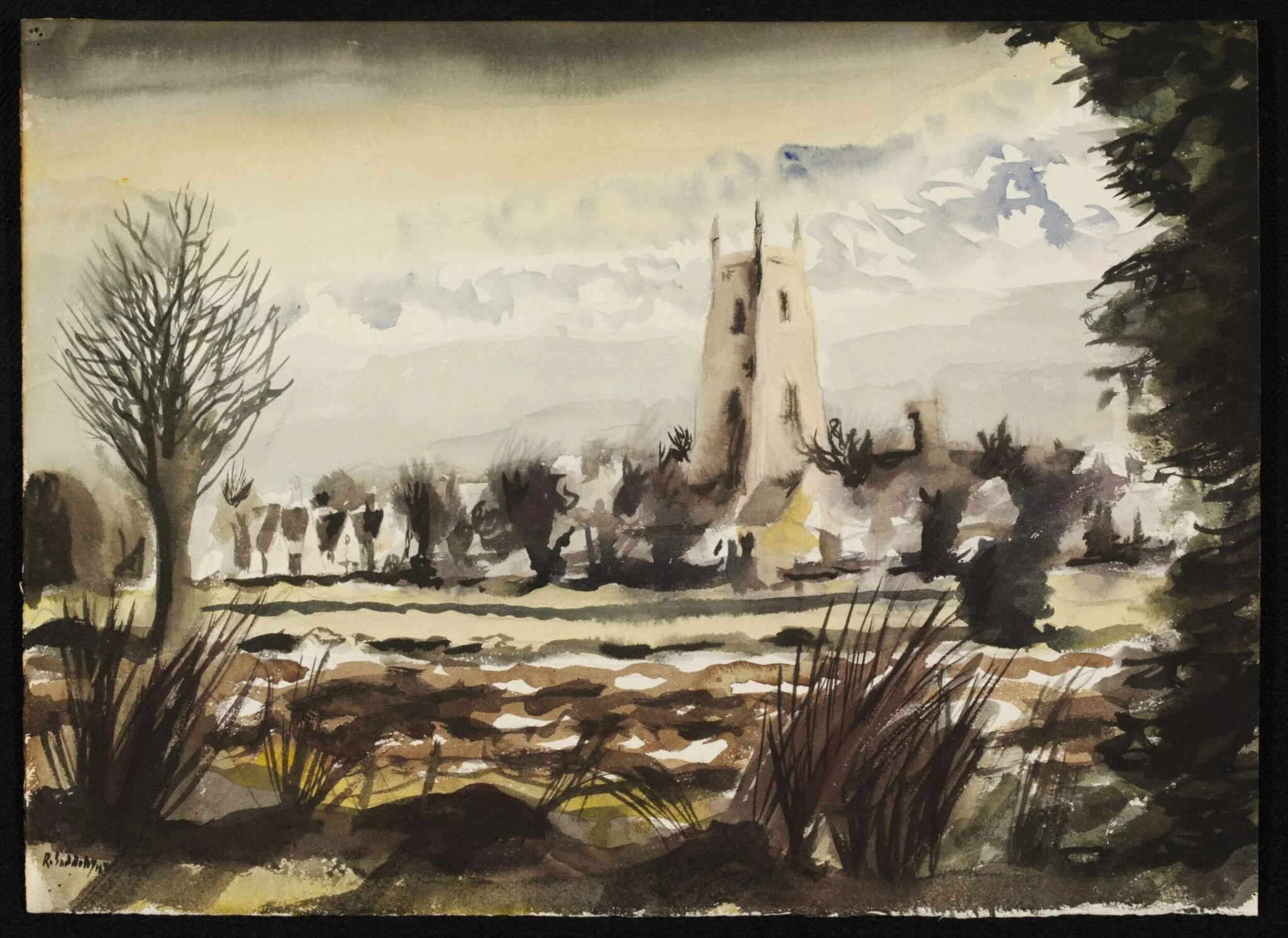 Stoke-by-Nayland; distant view, by Suddaby, watercolor, 1942