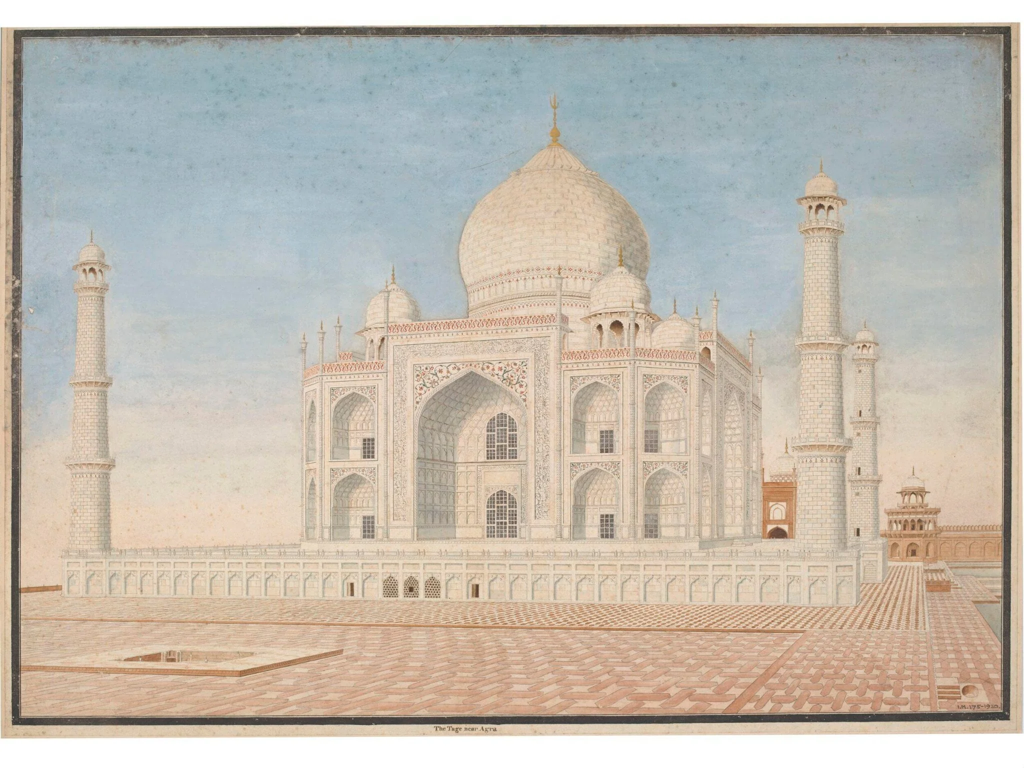 Elevation of the east side of the Taj Mahal, Agra, with part of the surrounding tiled terrace and water-tank in the foreground.