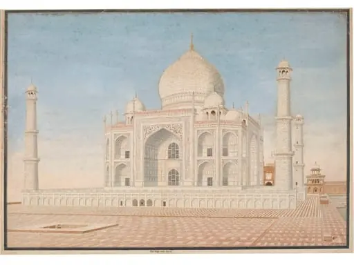 Elevation of the east side of the Taj Mahal, Agra, with part of the surrounding tiled terrace and water-tank in the foreground.