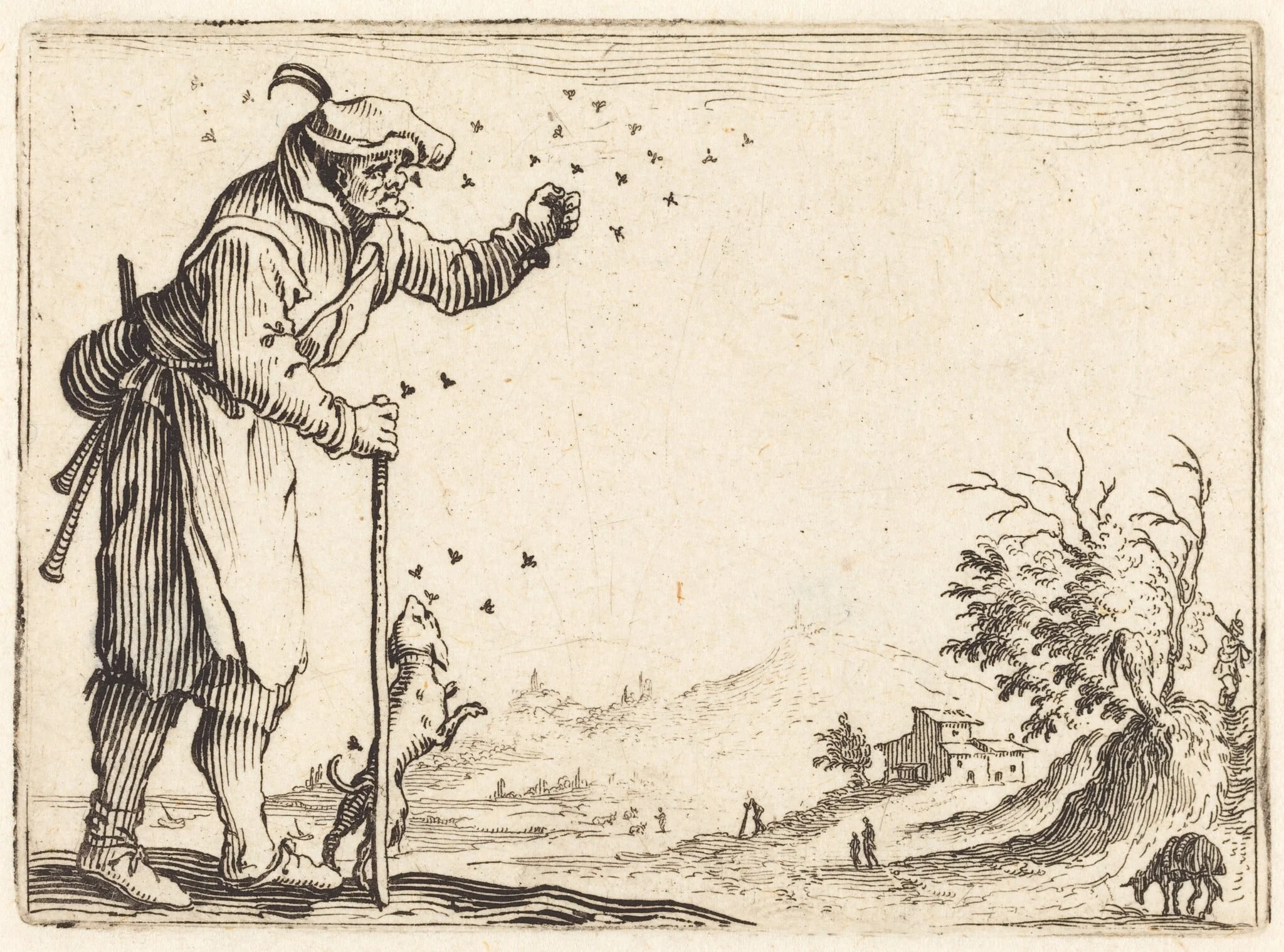 Peasant Attacked by Bees, by Jacques Callot, ink, 1622