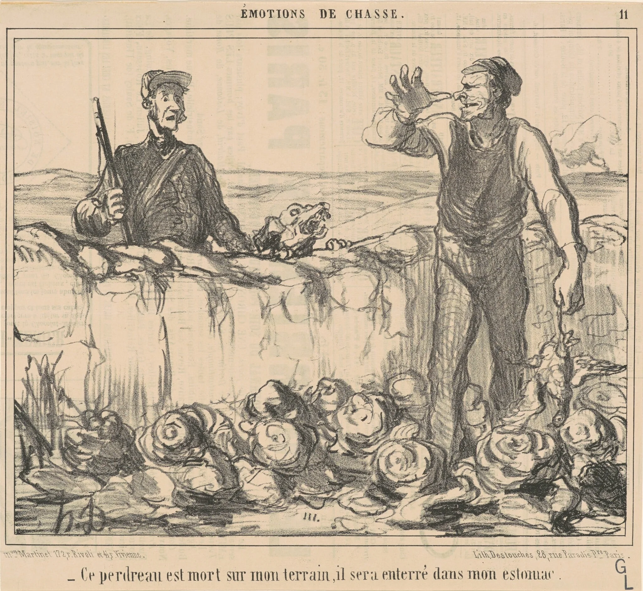 Ce perdreau est mort sur mon terrain ..., by Honoré Daumier, ink, 1857