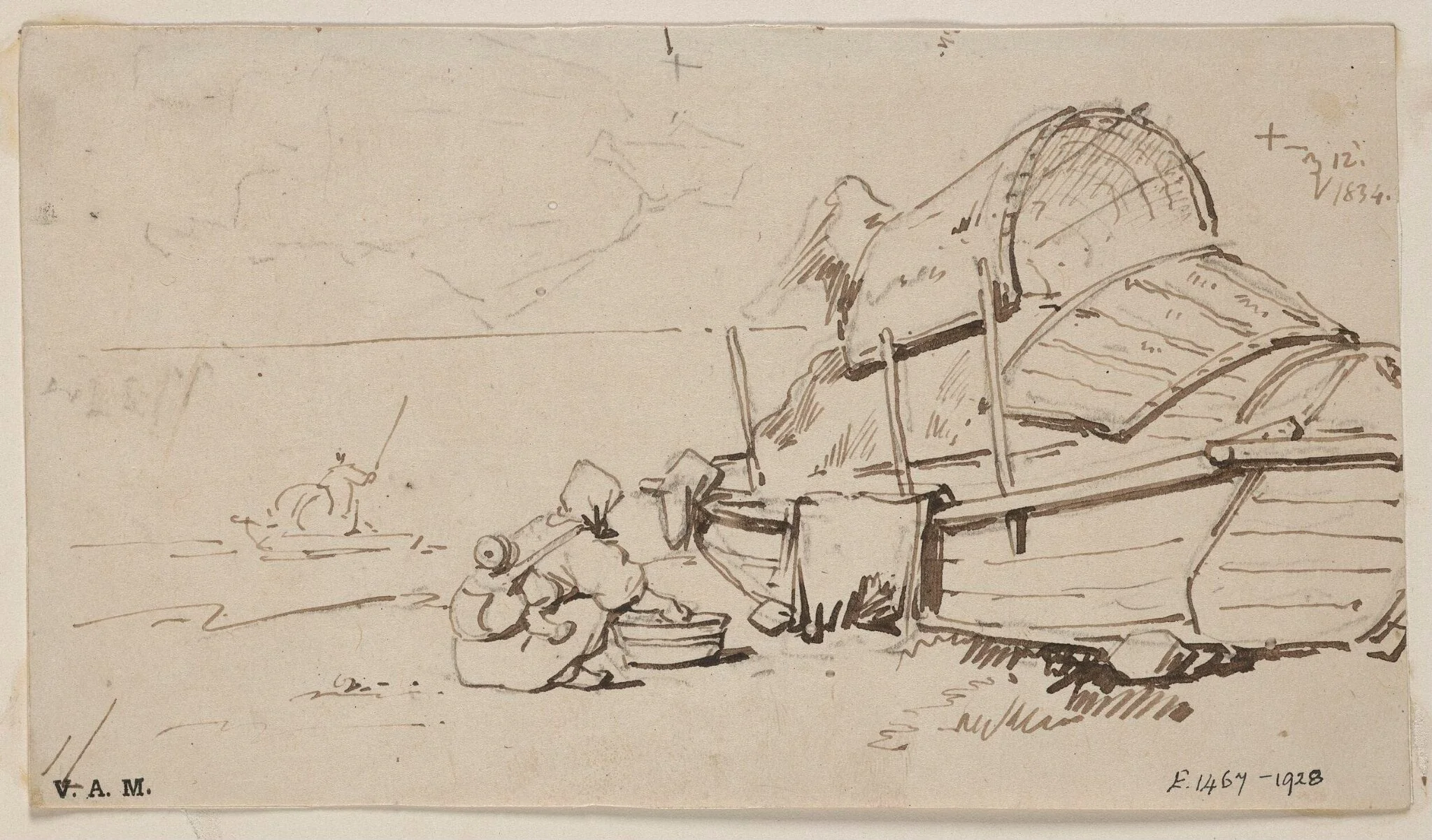 A boatwoman and child beside a beached Tanka boat