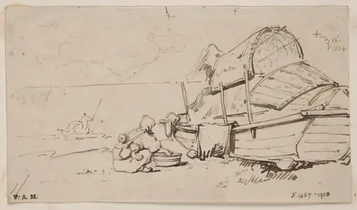 A boatwoman and child beside a beached Tanka boat