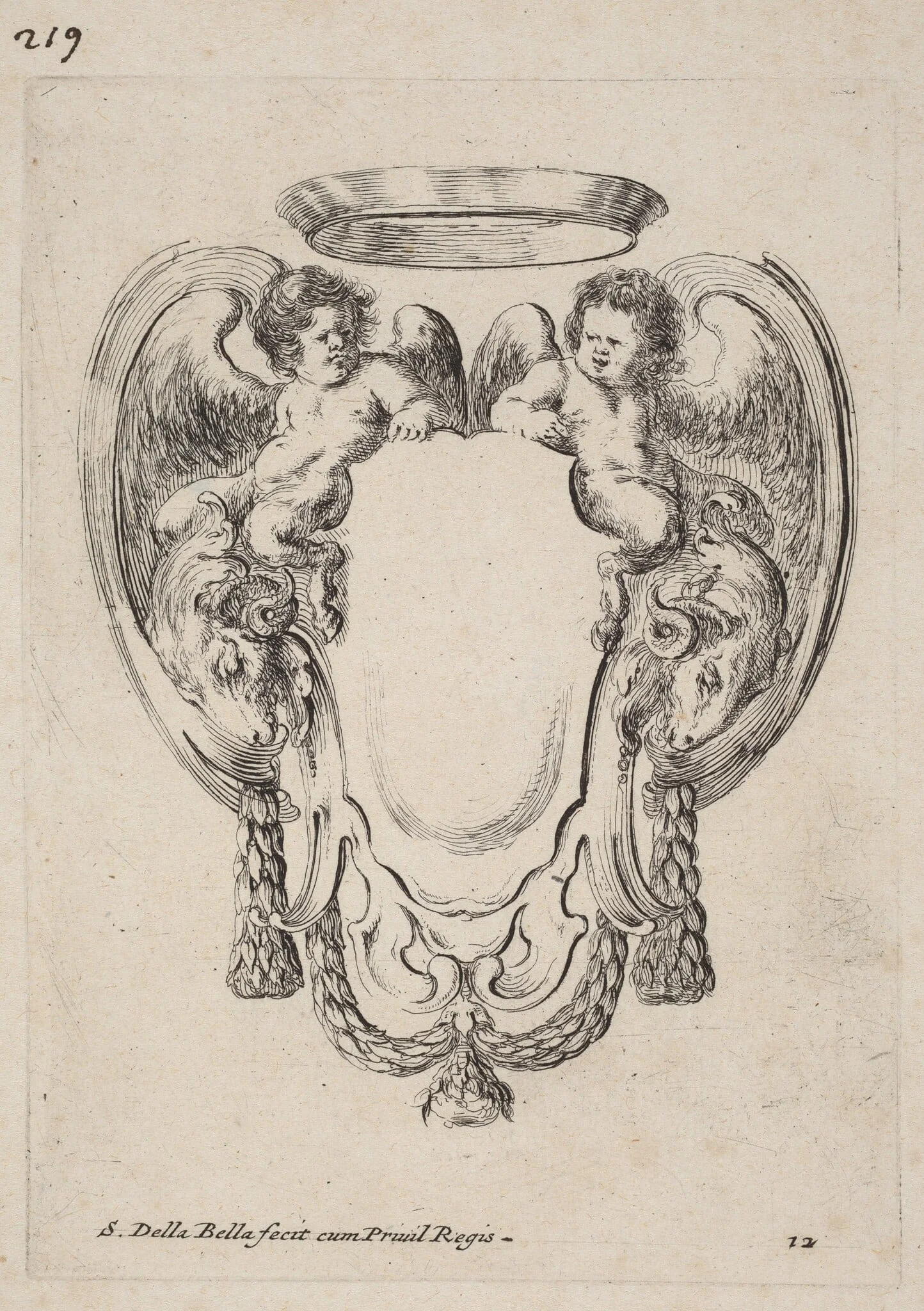 Cartouche with Rams and Infant Satyrs, by Stefano Della Bella, ink, 1647