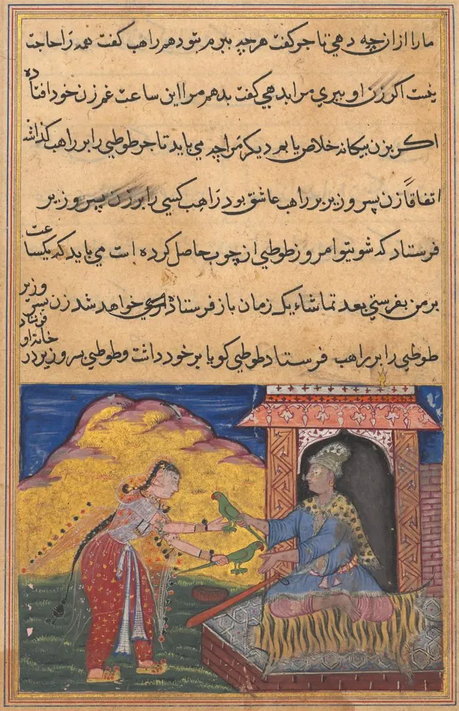 The wife of the son of the vizier brings the magic wooden parrot to her lover, the monk, who exchanges it for the replica, from a Tuti-nama (Tales of a Parrot): Tenth Night