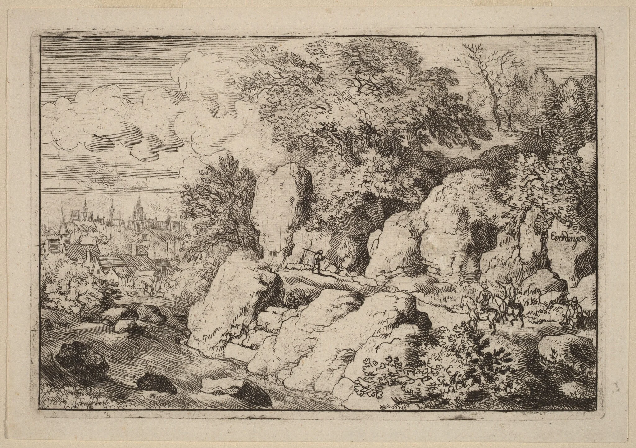 Two Horsemen on a Rocky Path, by Allart van Everdingen, ink, 1650