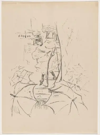 untitled (Woman descending onto a street of umbrellas)