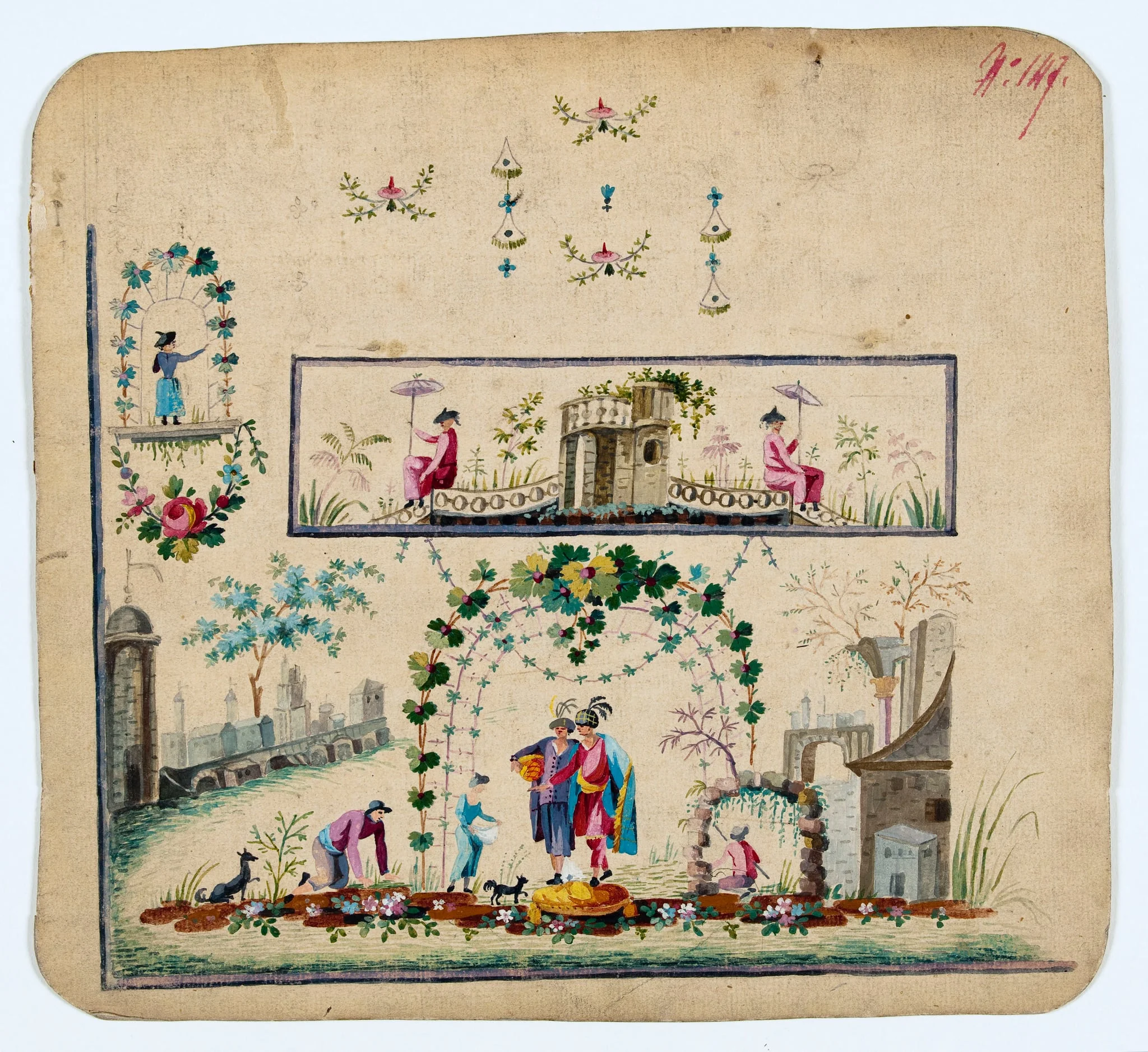 Gilet avec personnages traversant la rivière, projets de broderies de gilet, XVIIIème siècle, by Anonyme, 1785