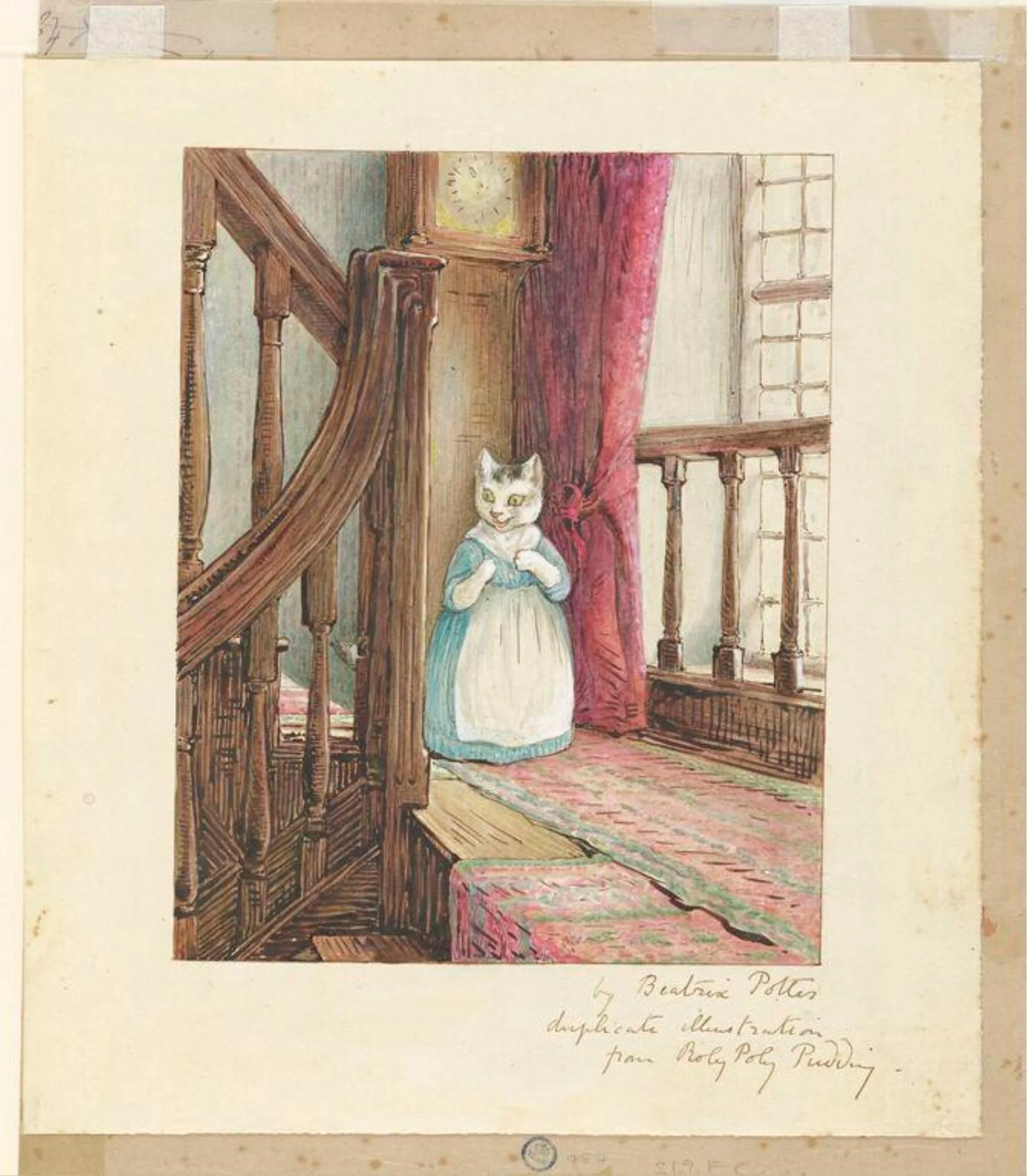 Variant illustration of Mrs. Tabitha Twitchit standing on a staircase landing, by Beatrix Potter, watercolor, 1908