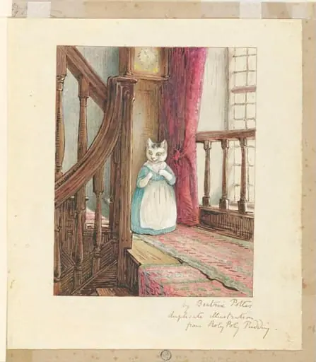 Variant illustration of Mrs. Tabitha Twitchit standing on a staircase landing