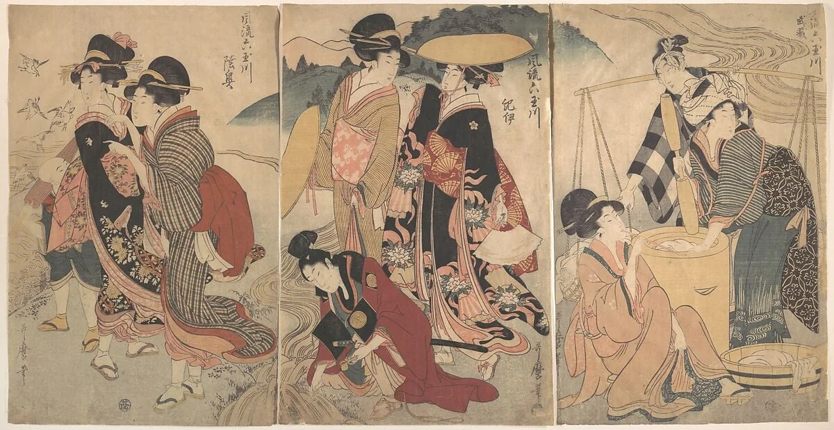 風流六玉川　武蔵　紀伊　陸奥|Women and a Man in the Country; Some pageant(?), by Kitagawa Utamaro, ink, 1780