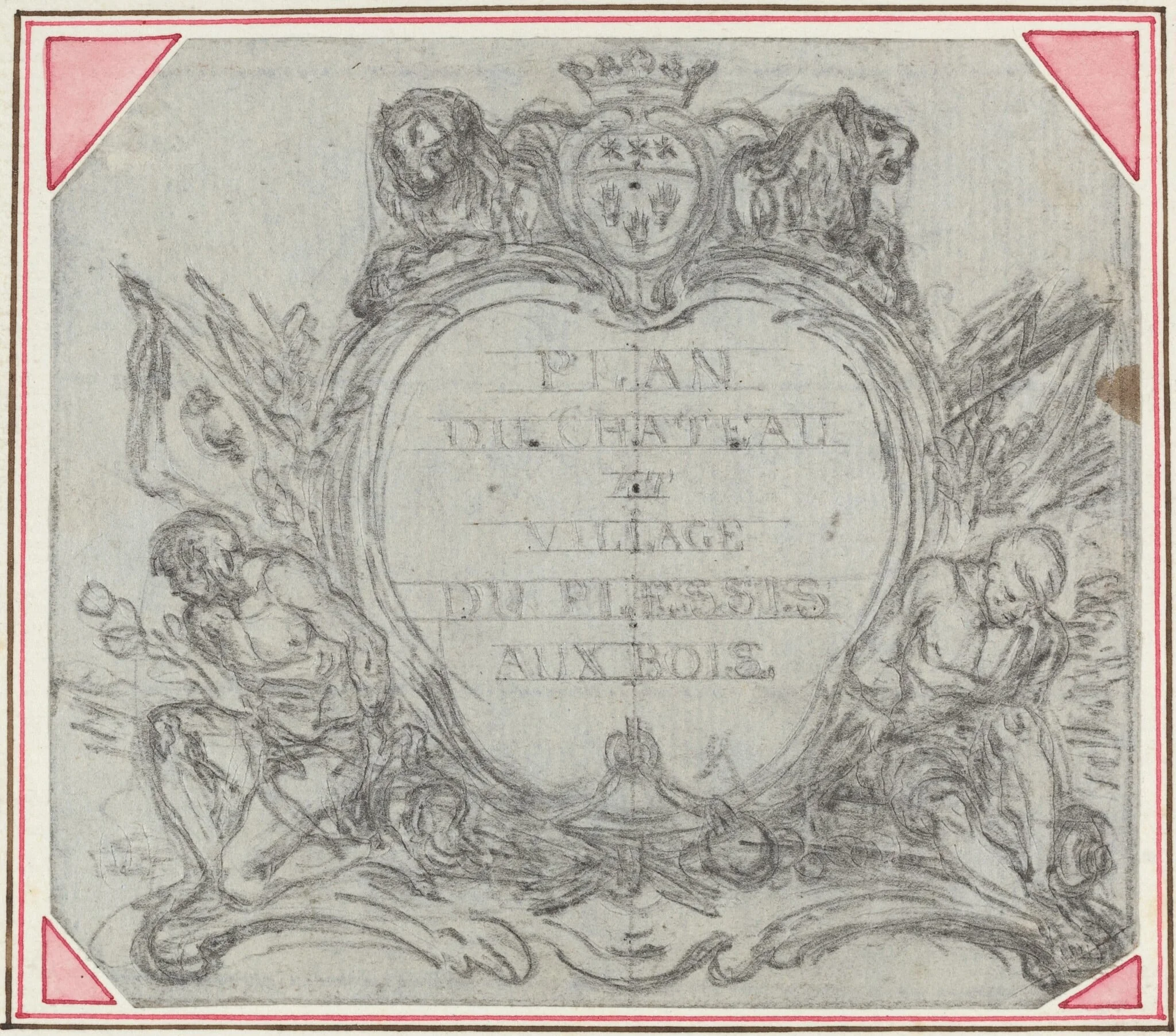 Title Cartouche for a Map of the Chateau and Village of Le Plessis aux Bois, by Hubert François Gravelot, graphite, 1736