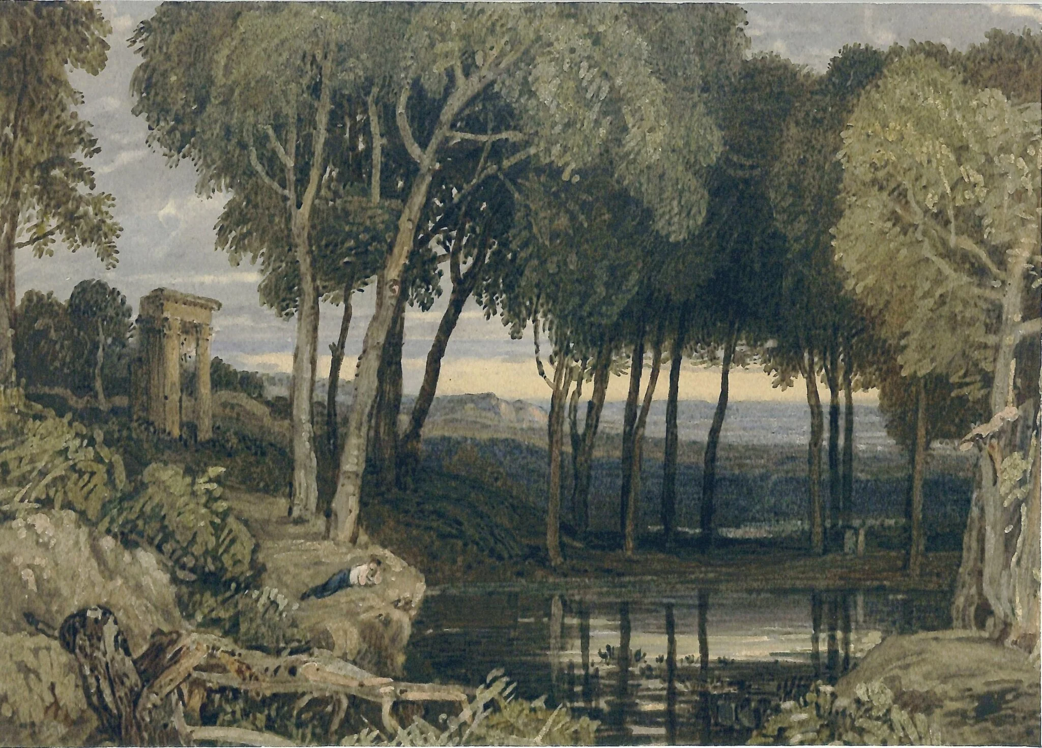Landscape, with pond and classical ruin, by Finch, watercolor, 1850