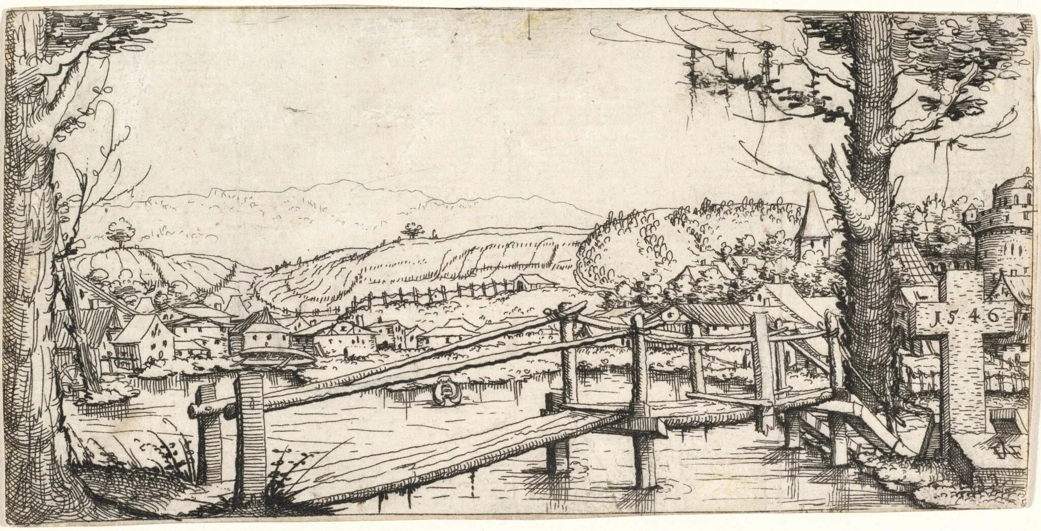 River Landscape with a Footbridge, by Augustin Hirschvogel, ink, 1546