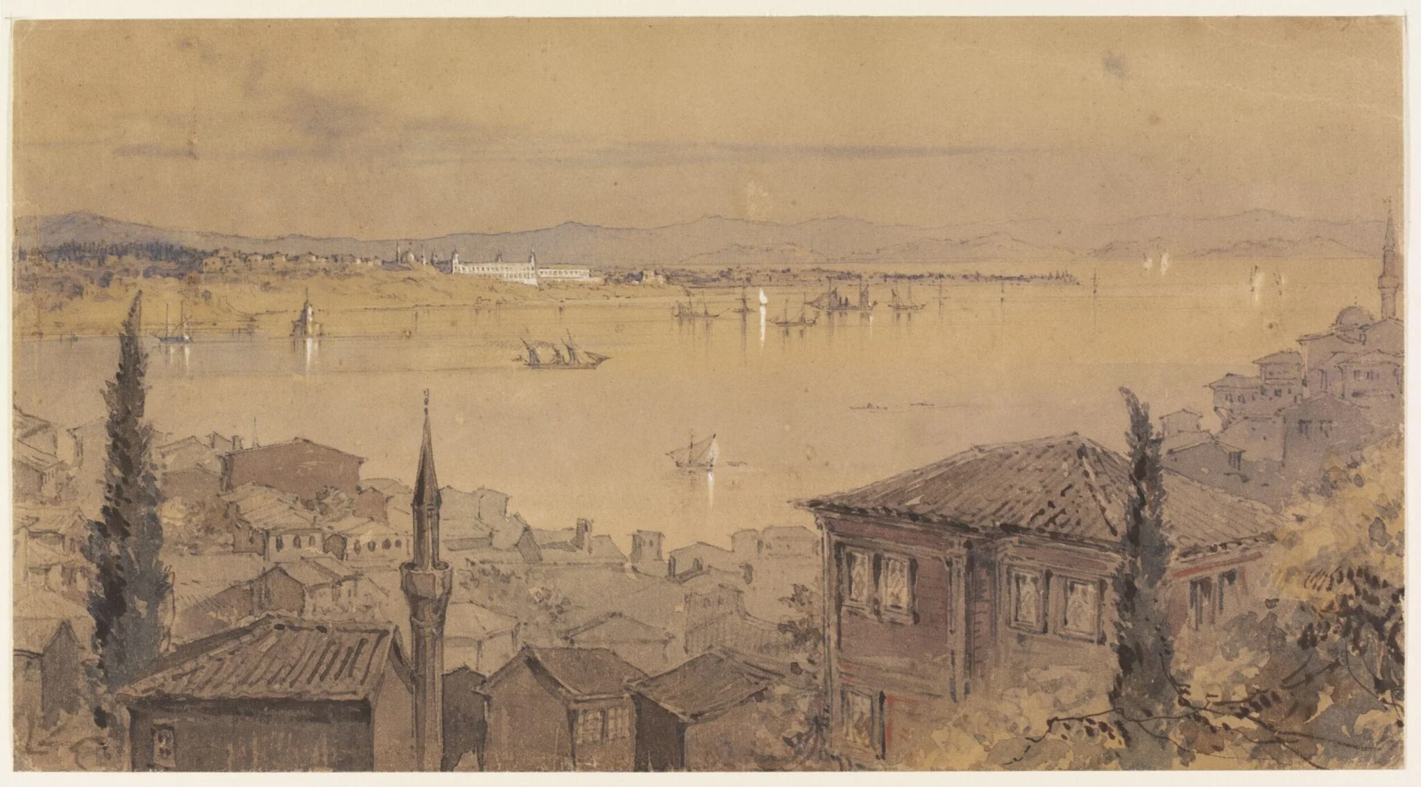 The Bosphorus, from Pera, looking towards Scutari, by Aloysius Rosarius Amadeus Raymondus Andreas Preziosi, watercolor, 1858