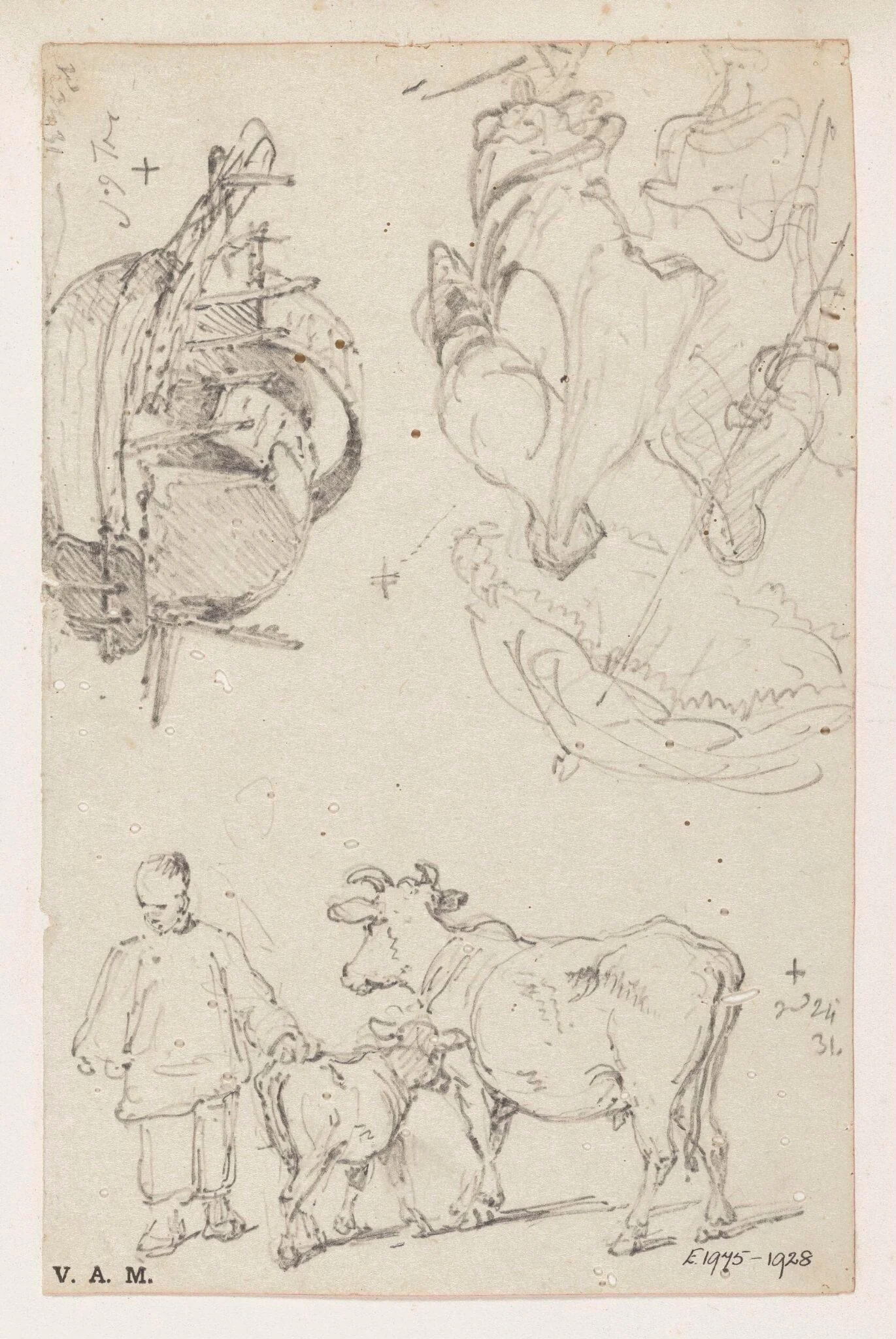 A cow and calf, a Tanka boat, and a Macanese woman and servant