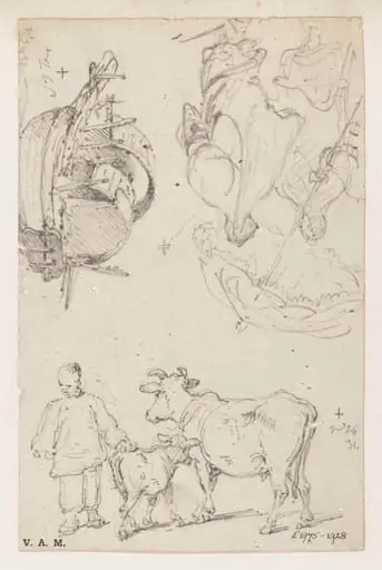 A cow and calf, a Tanka boat, and a Macanese woman and servant