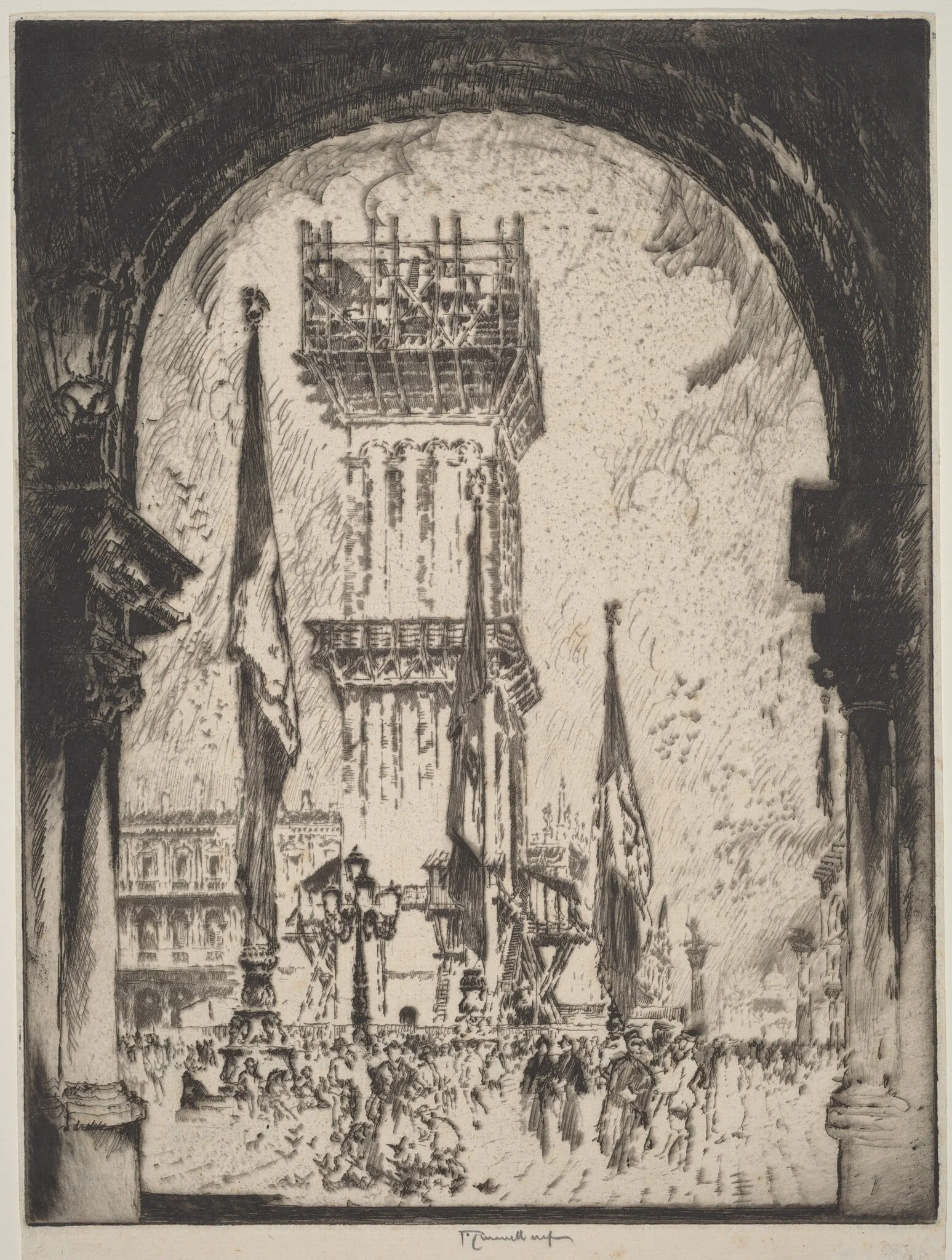 Rebuilding the Campanile, Venice, No.I, by Joseph Pennell, ink, 1911