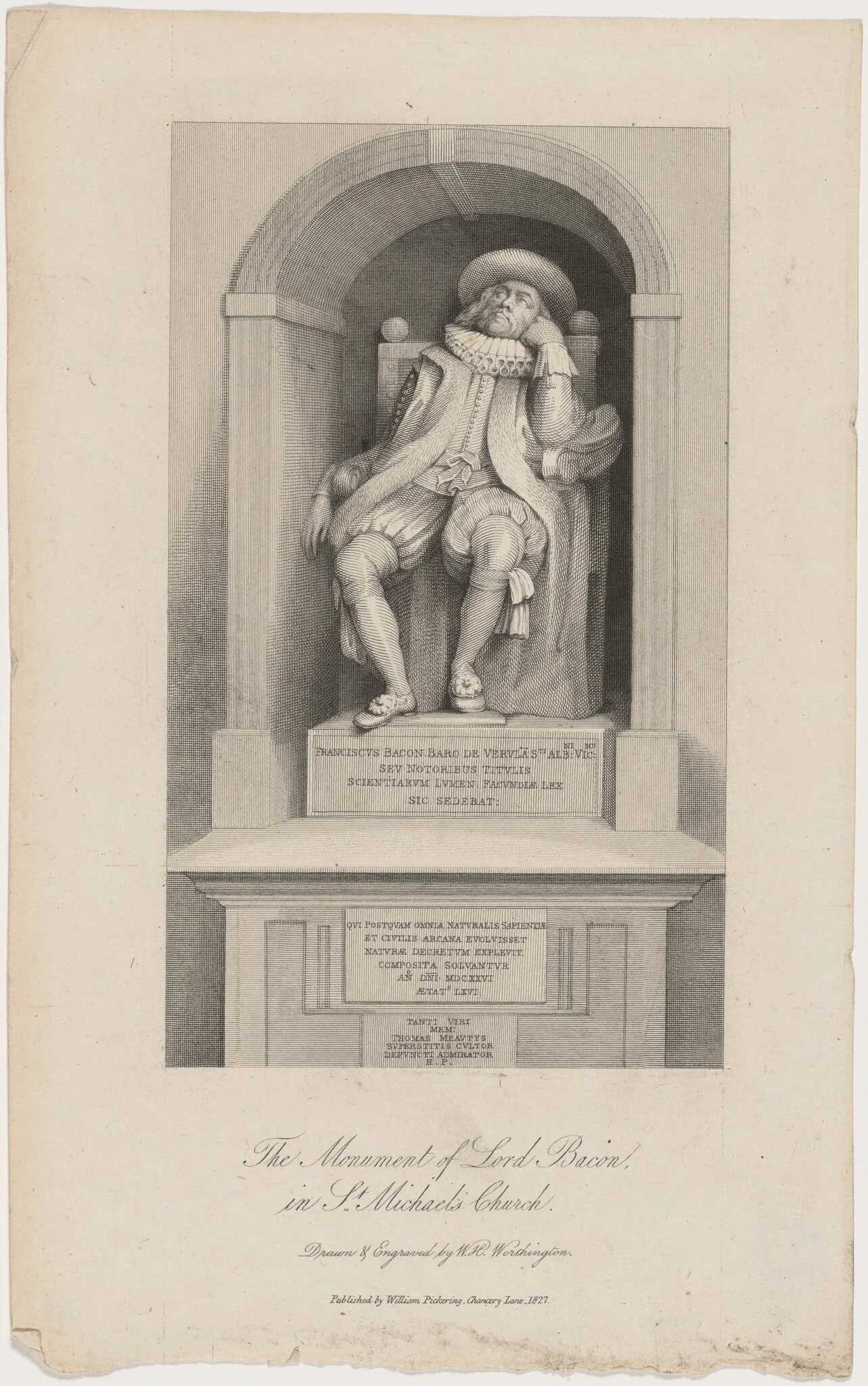 Monument of Lord Bacon in Saint Michael's Church, by William Henry Worthington, ink, 1827