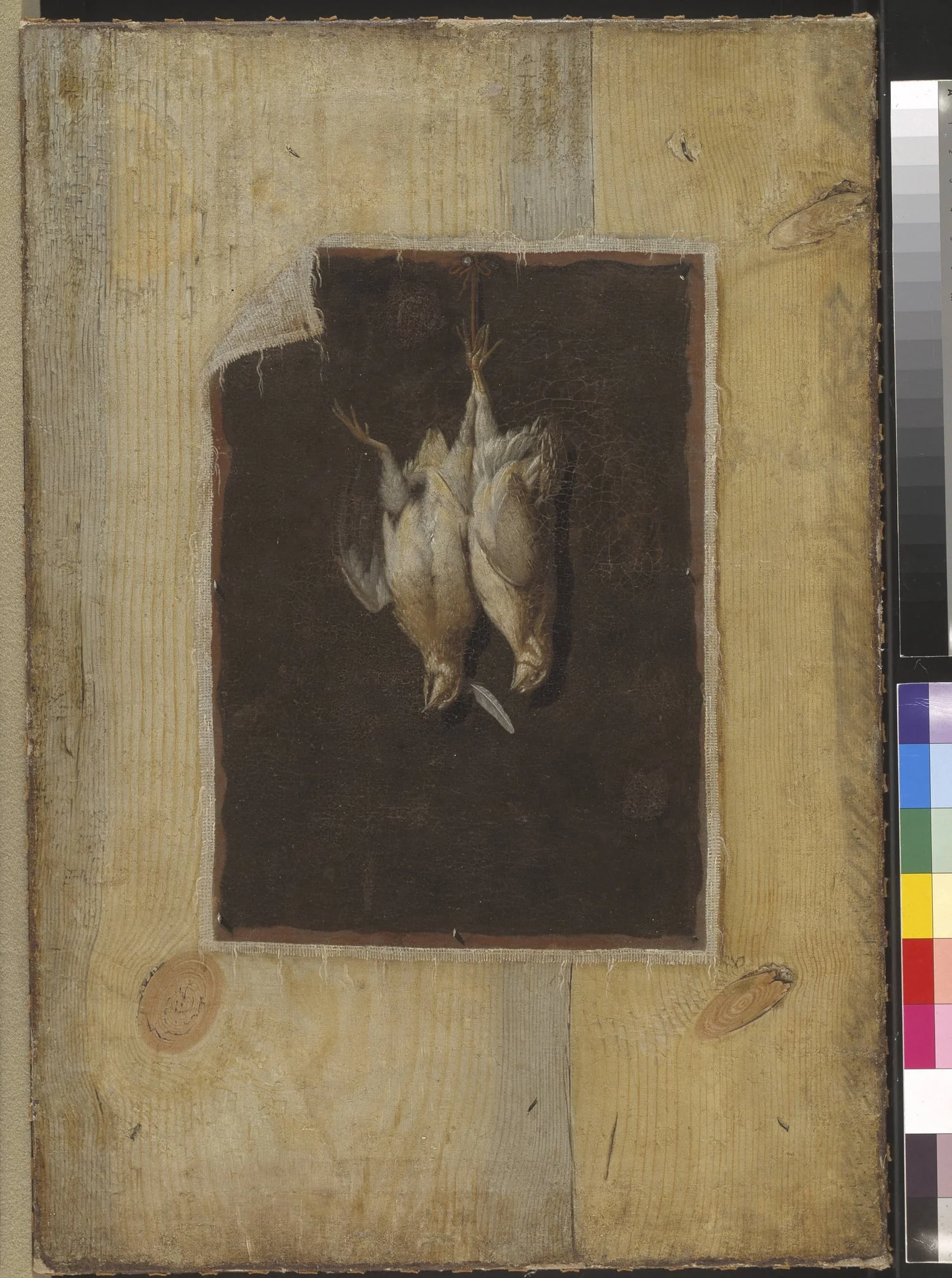 Trompe l'Oeil. Board Partition with a Still Life of Two Dead Birds Hanging on a Wall, by Unknown, unspecified, 1650