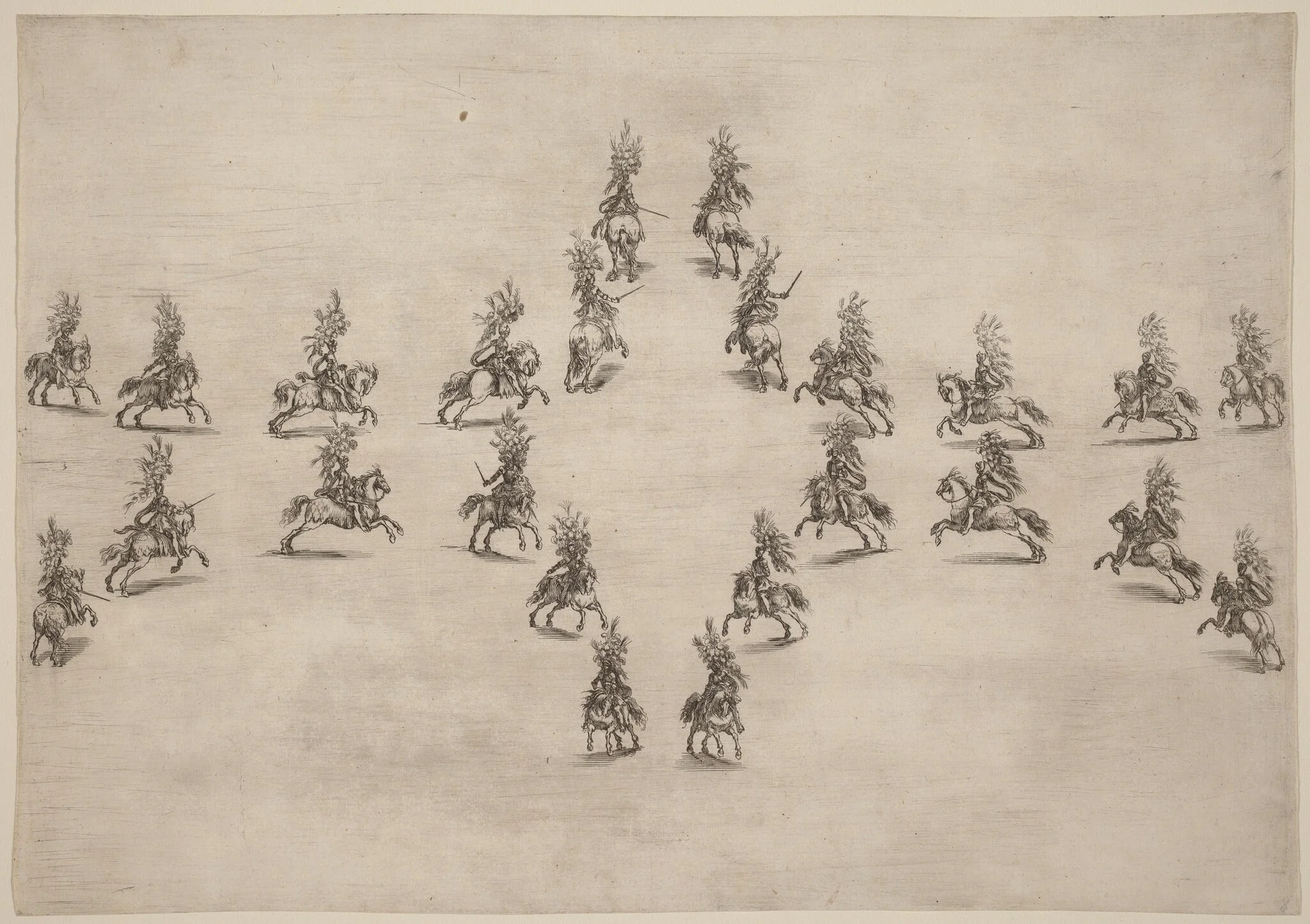 Twenty-Four Cavaliers in an Oval, by Stefano Della Bella, ink, 1652