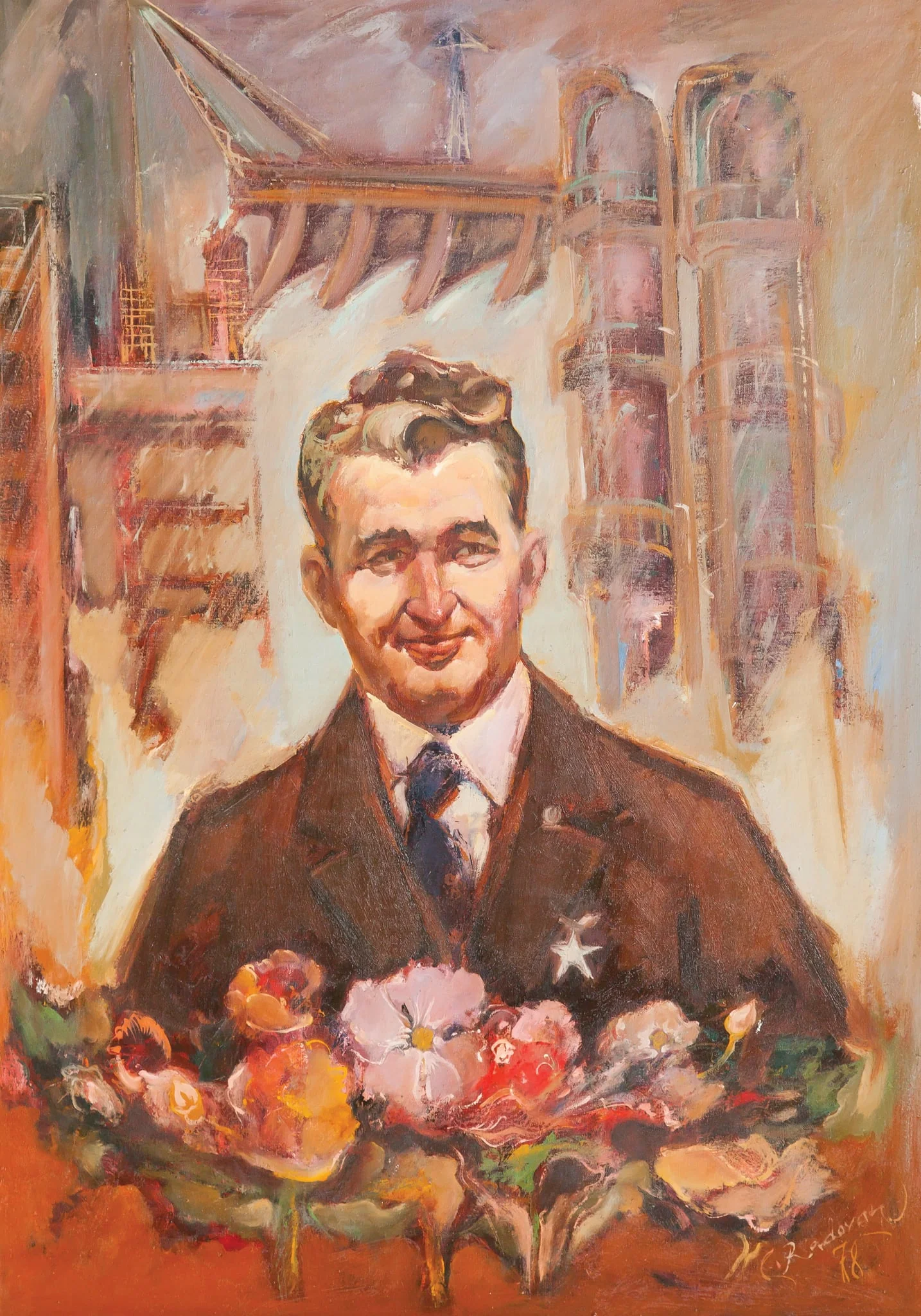 Tablou, ulei pe pânză, „Portret Nicolae Ceaușescu”, semnat C. Radovan și datat în partea dreaptă jos 1978. Nicolae Ceaușescu este reprezentat înt-o atitudine jovială, în piept are însemnul ”Erou al Republicii Socialiste România”. Pe fundal realizări ale regimului comunist. Oferit de Comitetul Județean de Partid Timiș, 22 ianuarie 1978.
