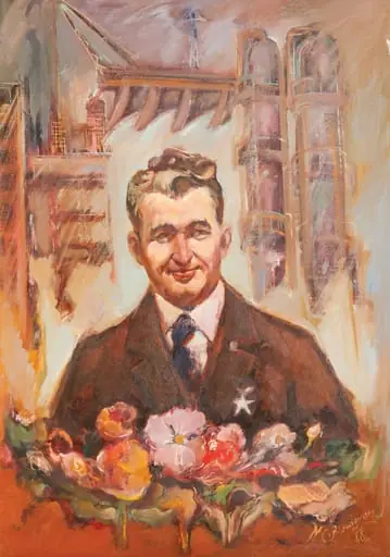 Tablou, ulei pe pânză, „Portret Nicolae Ceaușescu”, semnat C. Radovan și datat în partea dreaptă jos 1978. Nicolae Ceaușescu este reprezentat înt-o atitudine jovială, în piept are însemnul ”Erou al Republicii Socialiste România”. Pe fundal realizări ale regimului comunist. Oferit de Comitetul Județean de Partid Timiș, 22 ianuarie 1978.