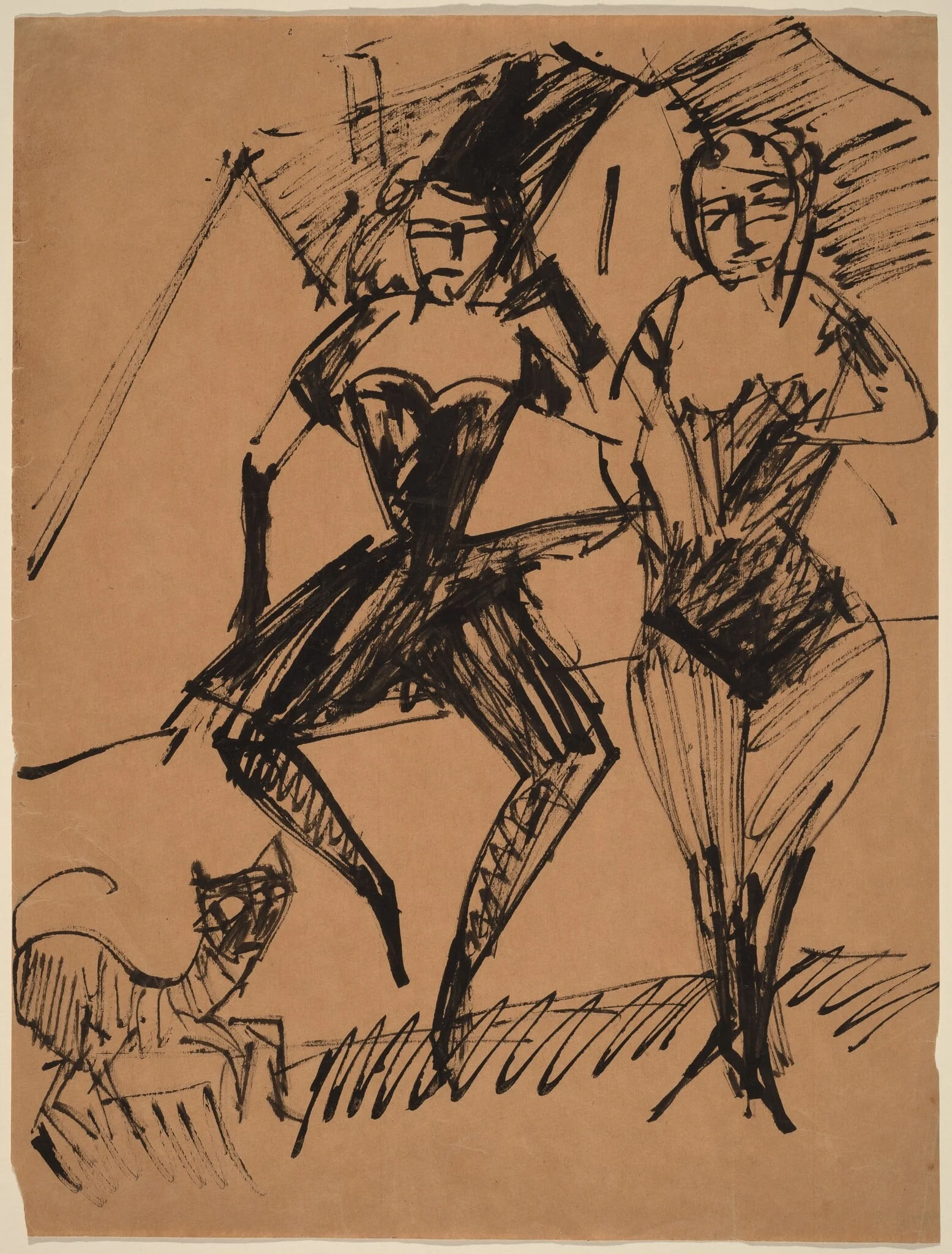 Two Dancers with a Cat, by Ernst Ludwig Kirchner, ink, 1913