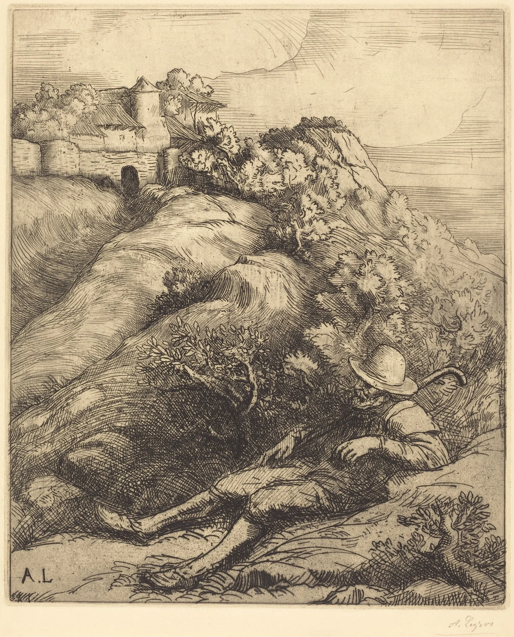 Sleeping Shepherd (Le repos du berger), by Alphonse Legros, ink, 1874
