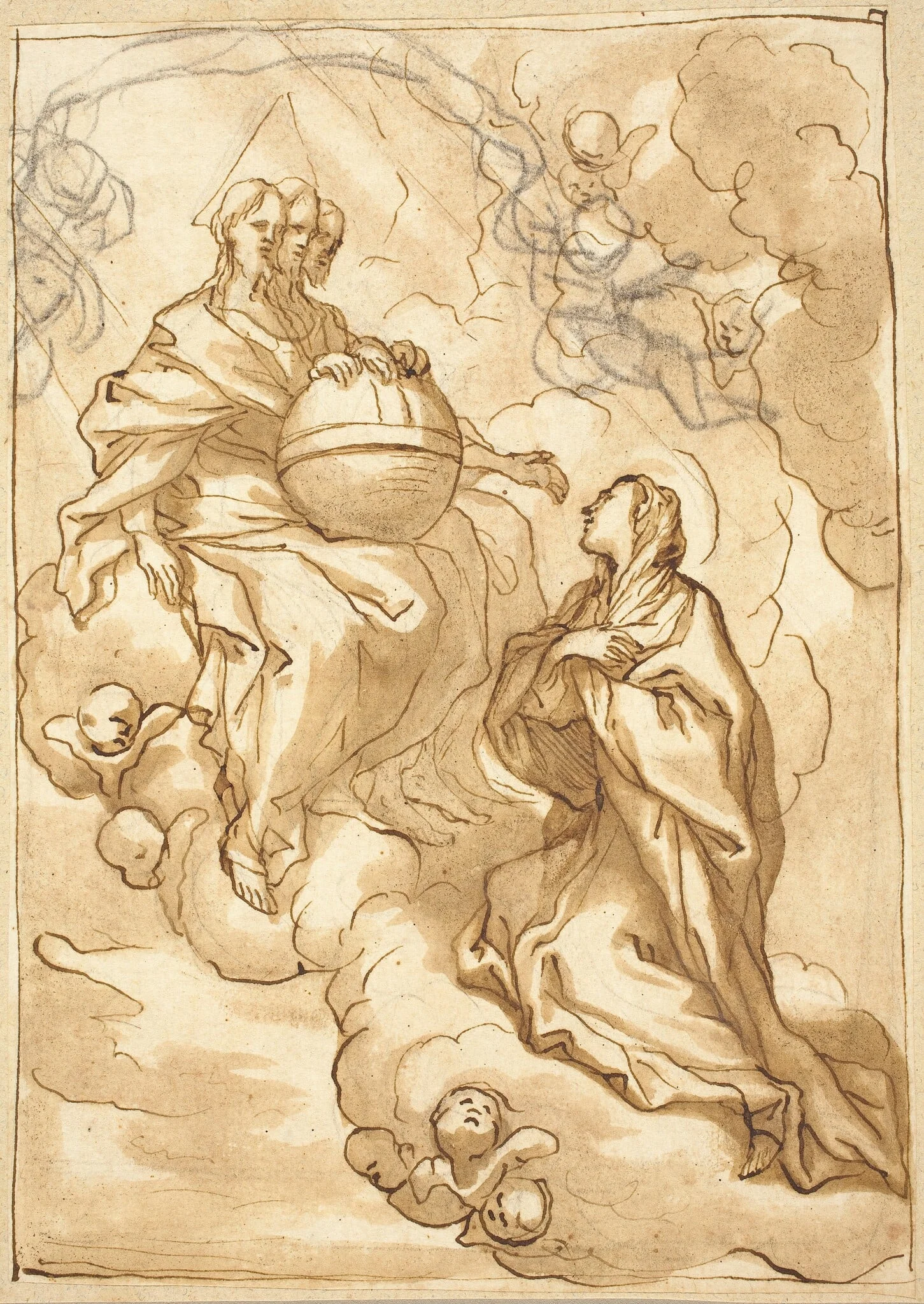Blessed Maria Vittoria Fornari's Vision of the Trinity, by Domenico Piola, ink, 1670