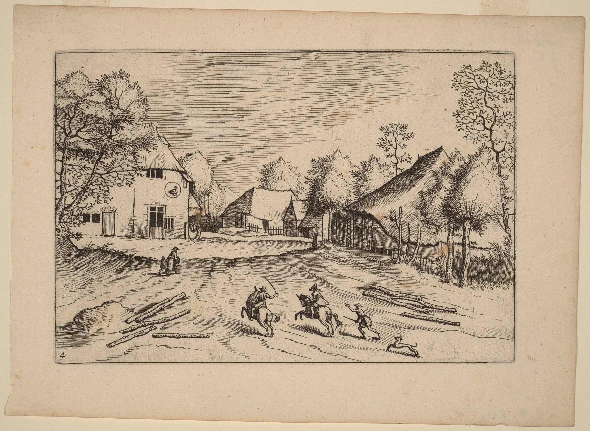 The Swann's Inn with Farms, by Lucas van Doetechum, ink, 1676