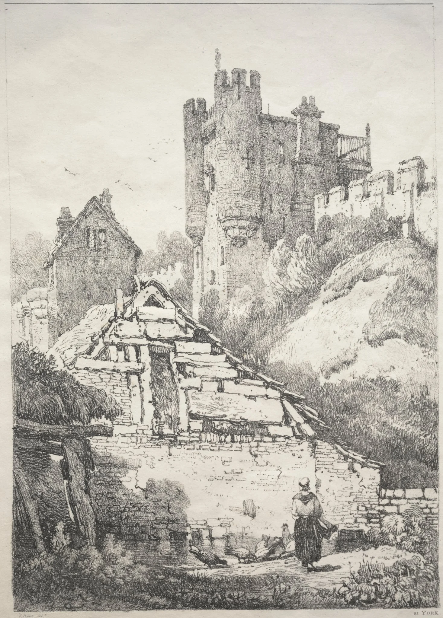A Series of Ancient Buildings and Rural Cottages in the North of England:  At York, Farmyard with Chickens, by Samuel Prout, 1821