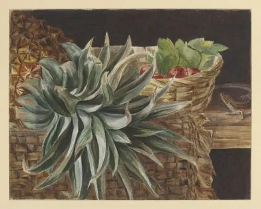 Still life study of a pineapple, basket of cherries and lizard