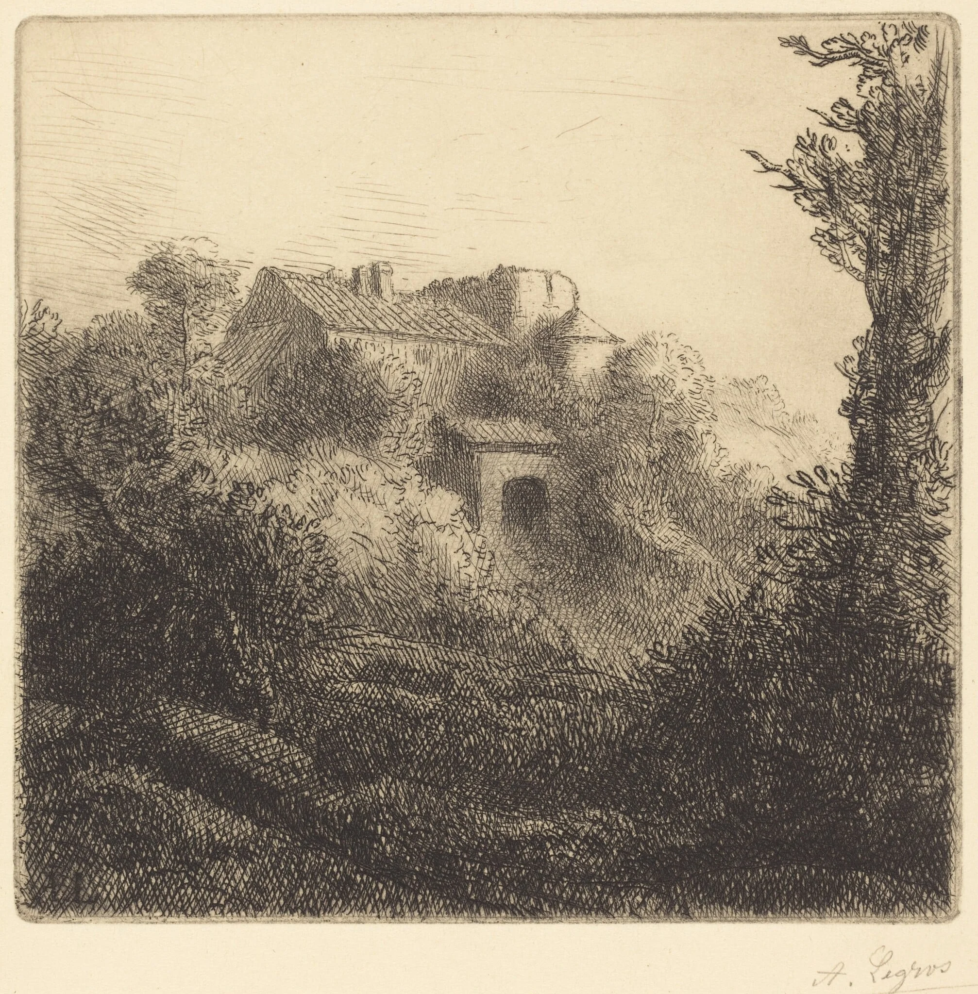 Farm on a Hill (La ferme sur la colline), by Alphonse Legros, ink, 1874