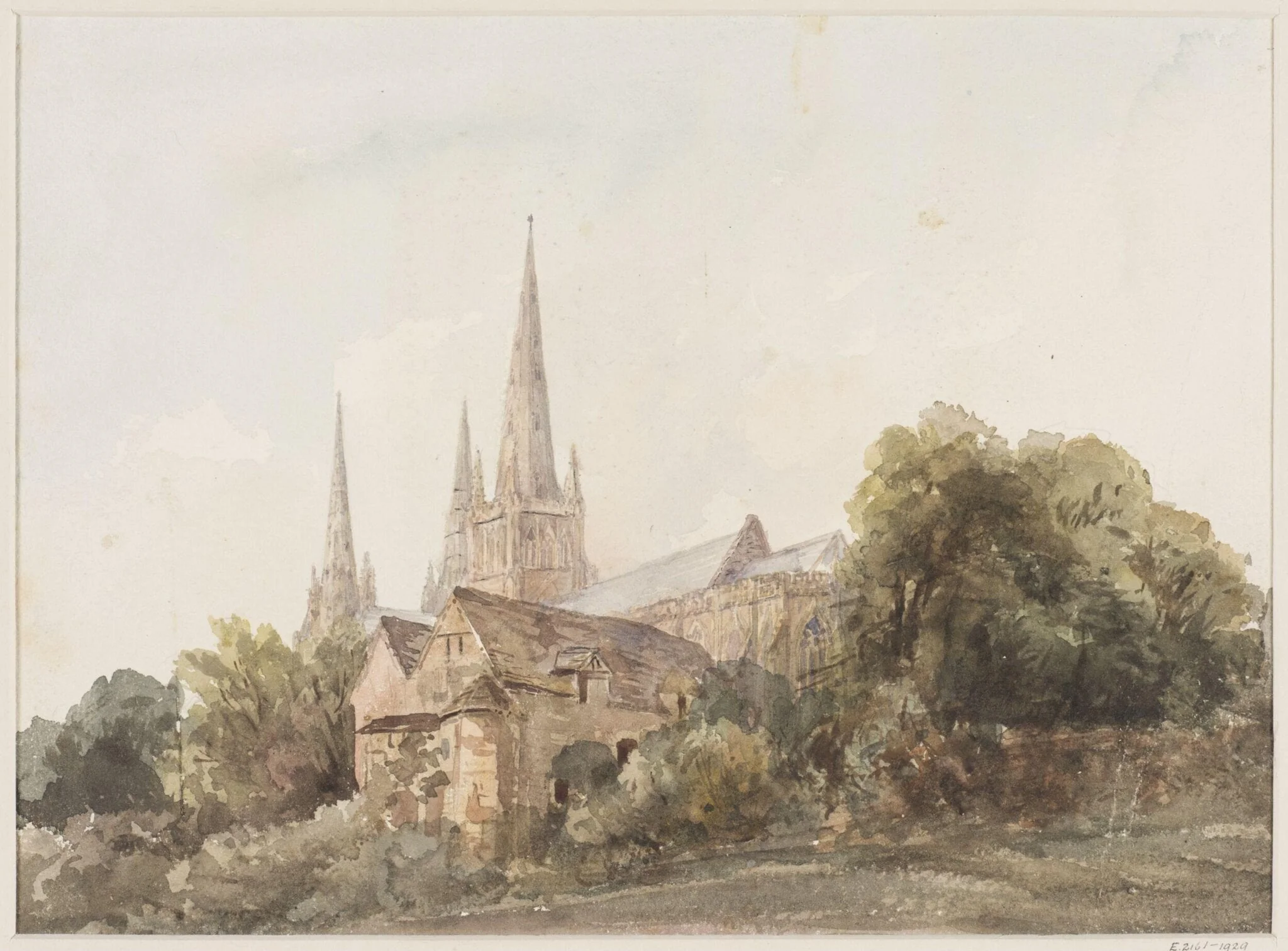 Dr Gooden's House and south view of Lichfield Cathedral, by Henry Harris Lines, 1818