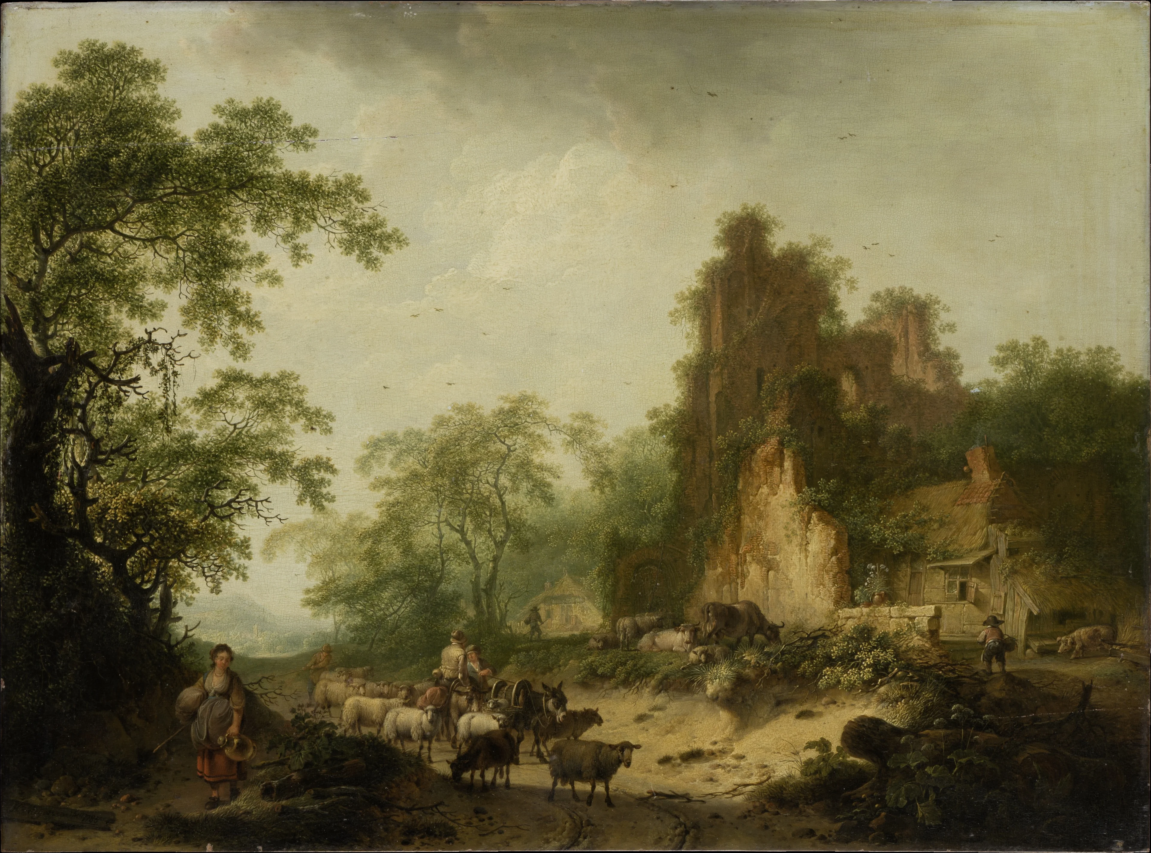 Landscape with Herd of Sheep in Front of a Peasant Hut in a Ruins, by Henk Meijer, oil, 1793