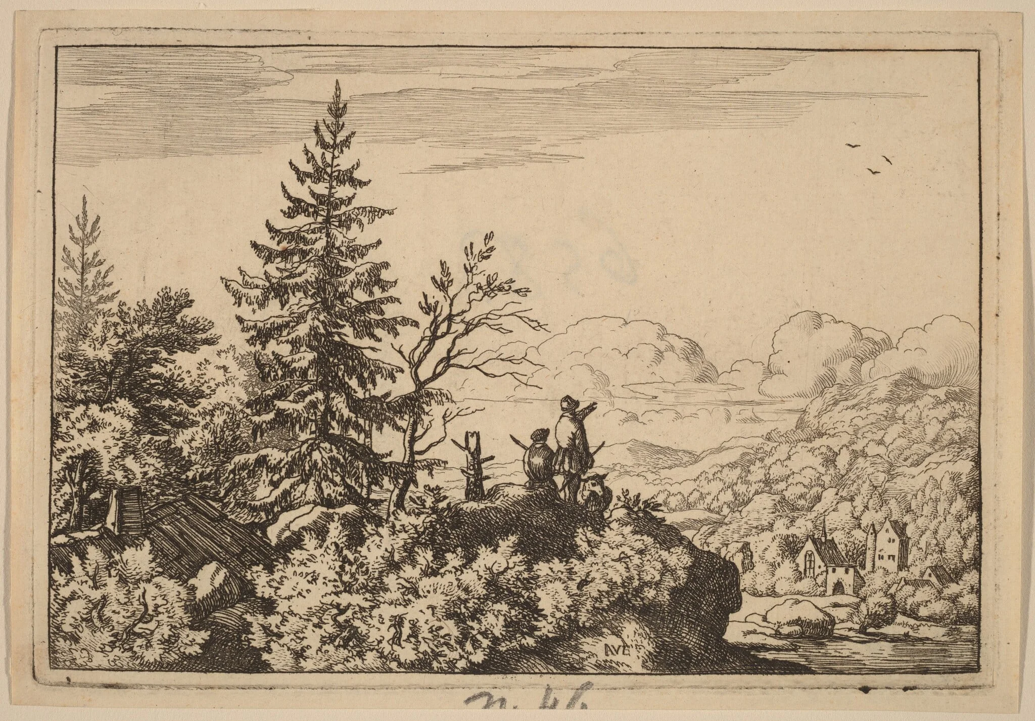 Two Men on a Hill, by Allart van Everdingen, ink, 1650