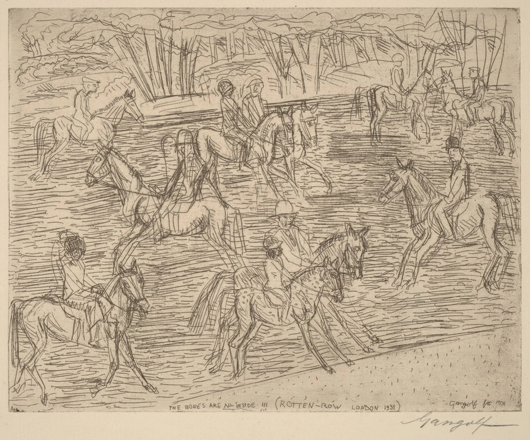 Hyde Park Rider, THE BONES ARE ALL INSIDE!!! (ROTTEN-ROW LONDON 1931), by Paul Gangolf, ink, 1931