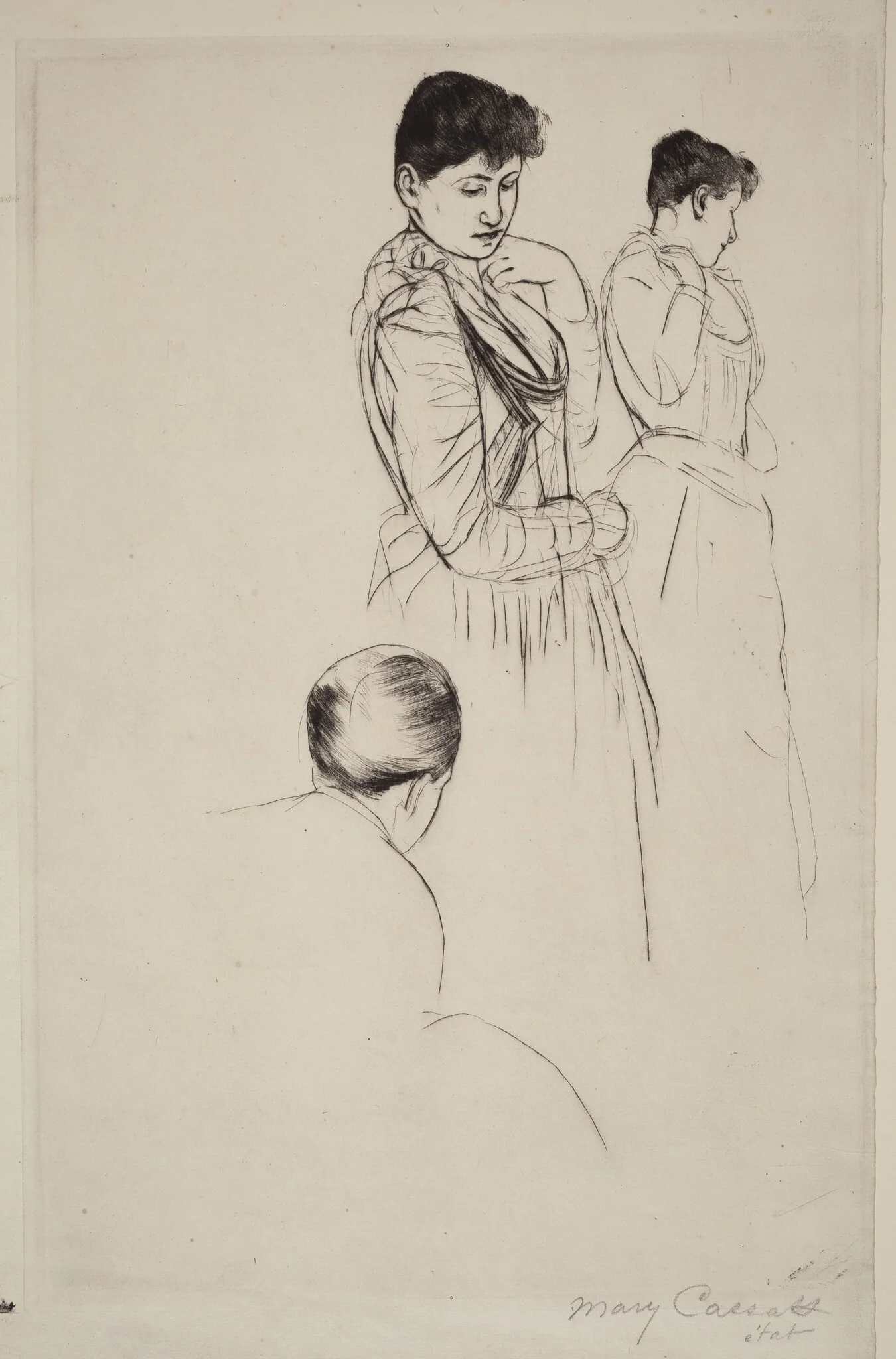 The Fitting, by Mary Cassatt, ink, 1890