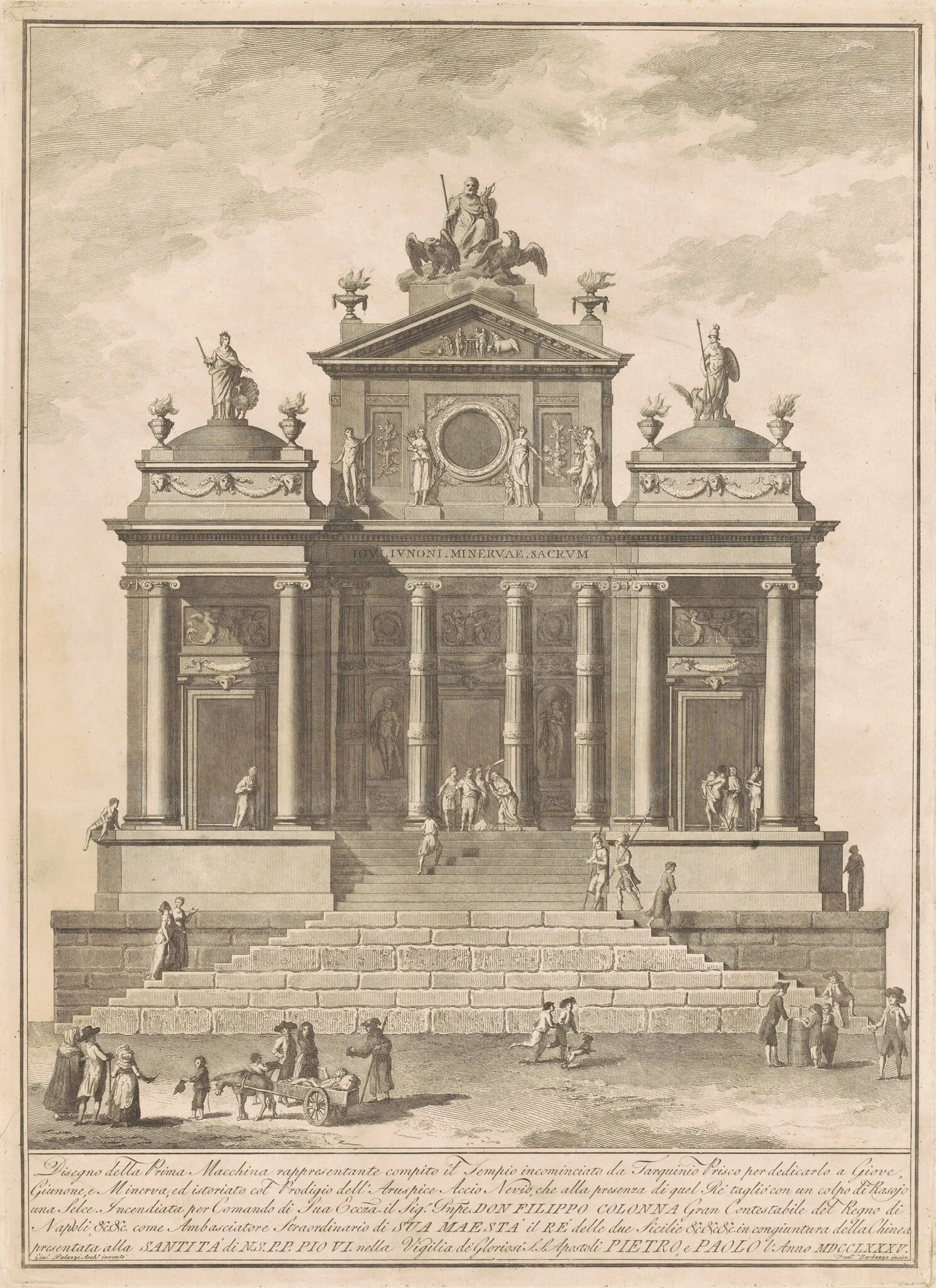The Prima Macchina for the Chinea of 1785: The Temple of Jupiter Begun by Tarquinius Priscus with the Marvel of Accius Naevius, by Francesco Barbazza, ink, 1785
