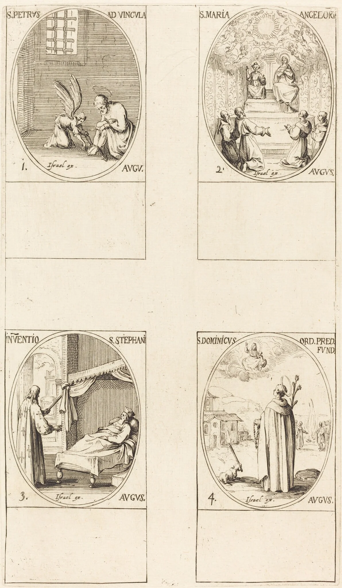 St. Peter,  Apostle; St. Mary of Angels; Discovery of the Body of St. Stephen; St. Dominicus, by Jacques Callot, ink, 1634