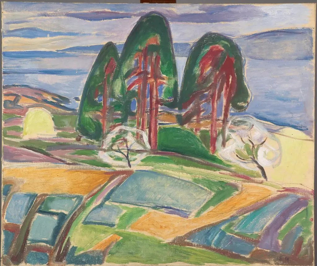 Pine Trees and Fruit Trees in Blossom