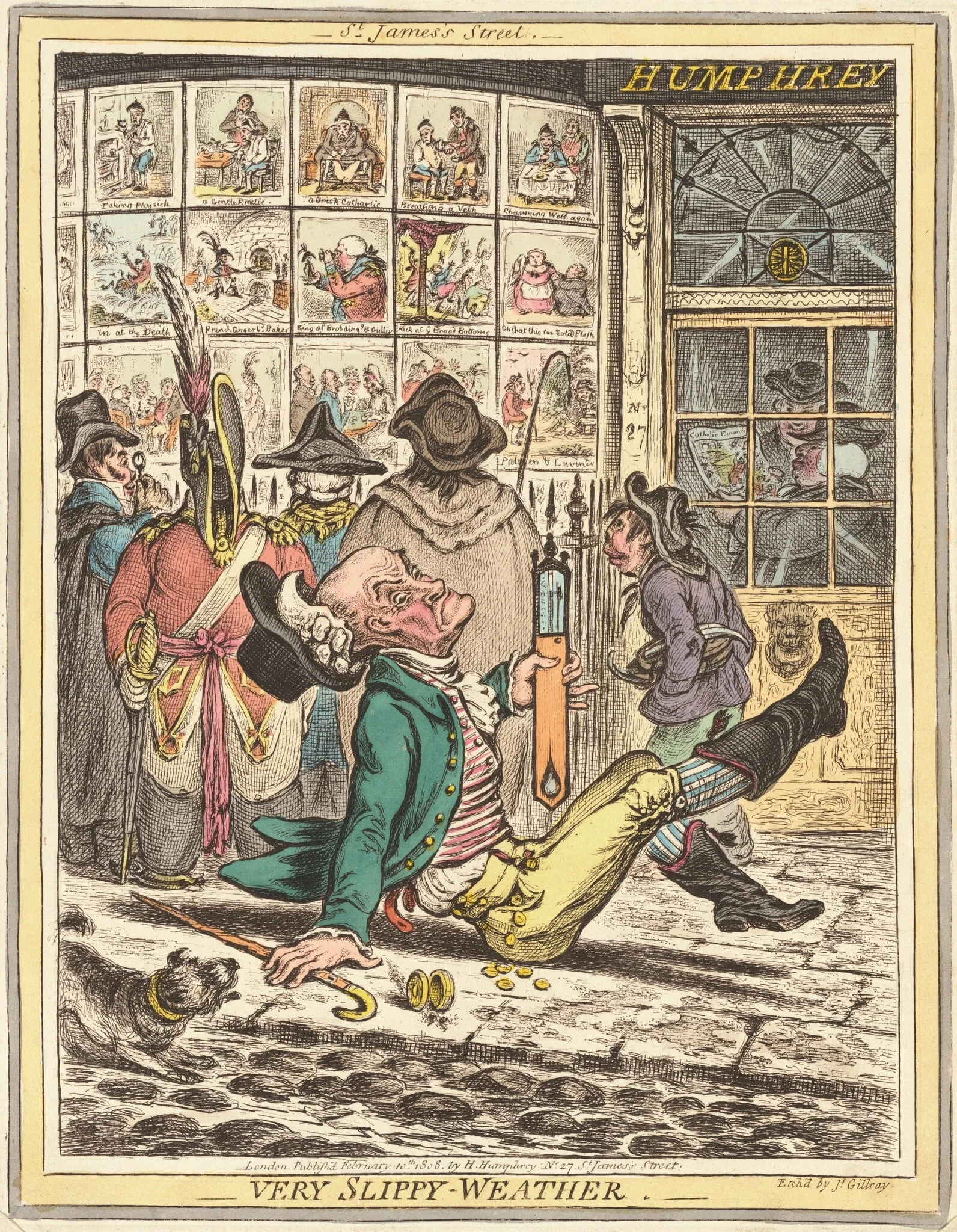 Very Slippy Weather, by James Gillray, ink, 1808