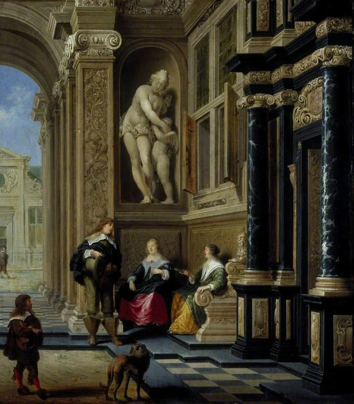 A Conversation in a Palace Courtyard, by Dirck van Delen, oil, 1644